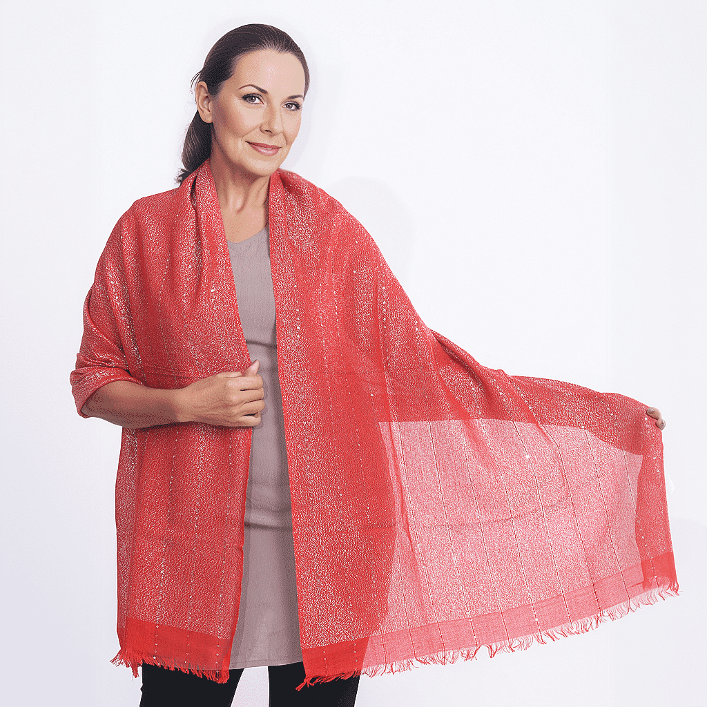 Viscose Shiny Metallic Mesh Shawl - Red