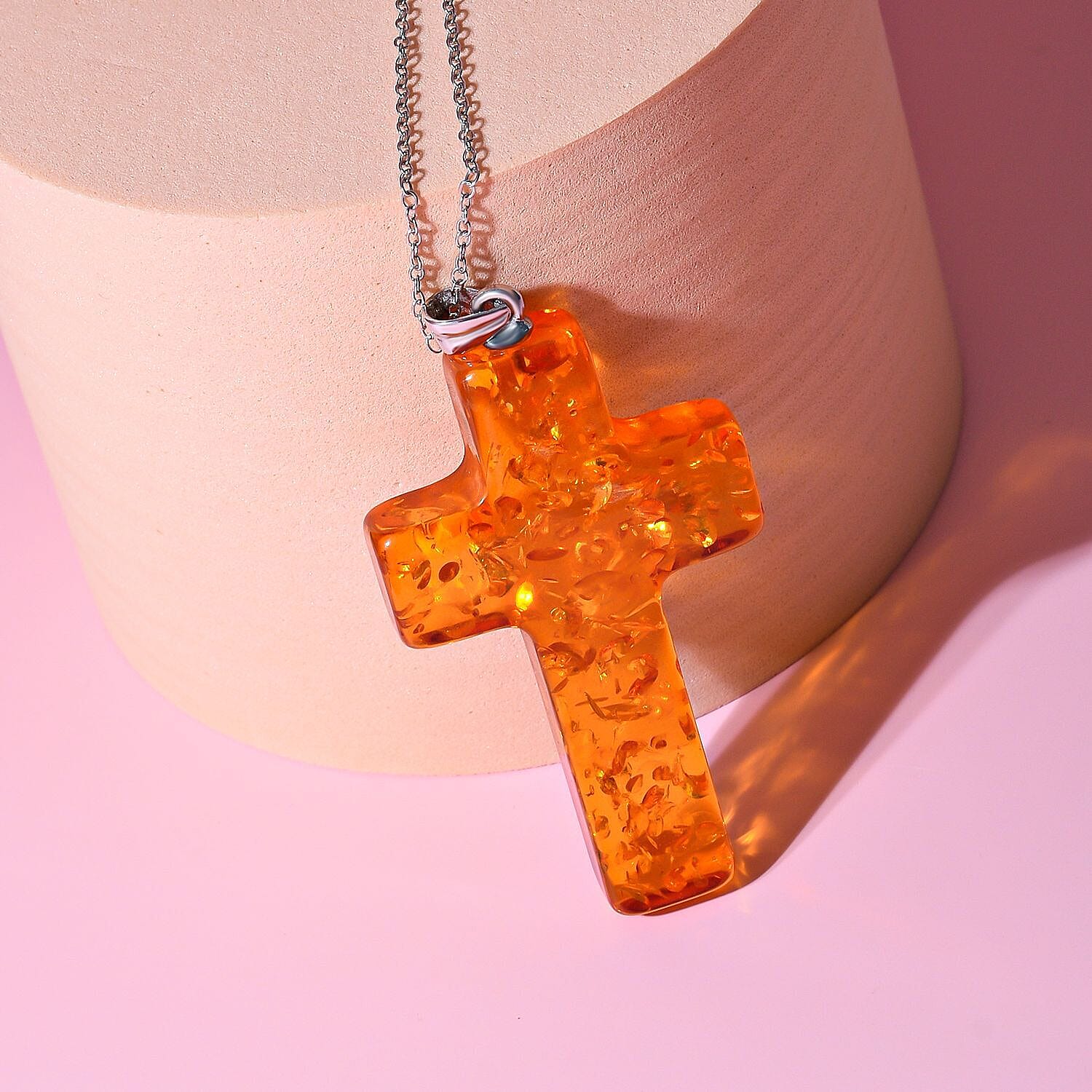 Amber Crucifix Pendant in Rhodium Overlay Sterling