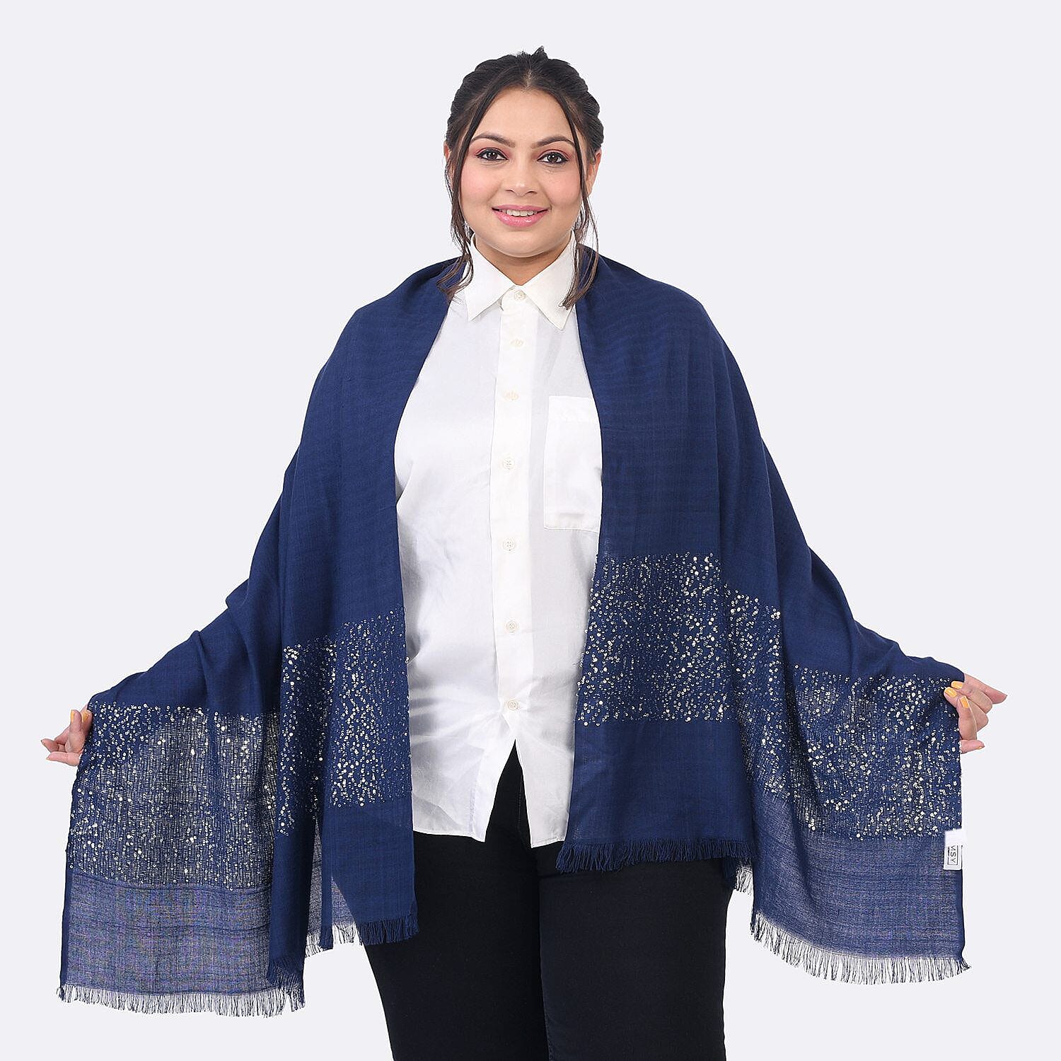 Tamsy Sequin Scarf (Size 180x70 cm) - Blue