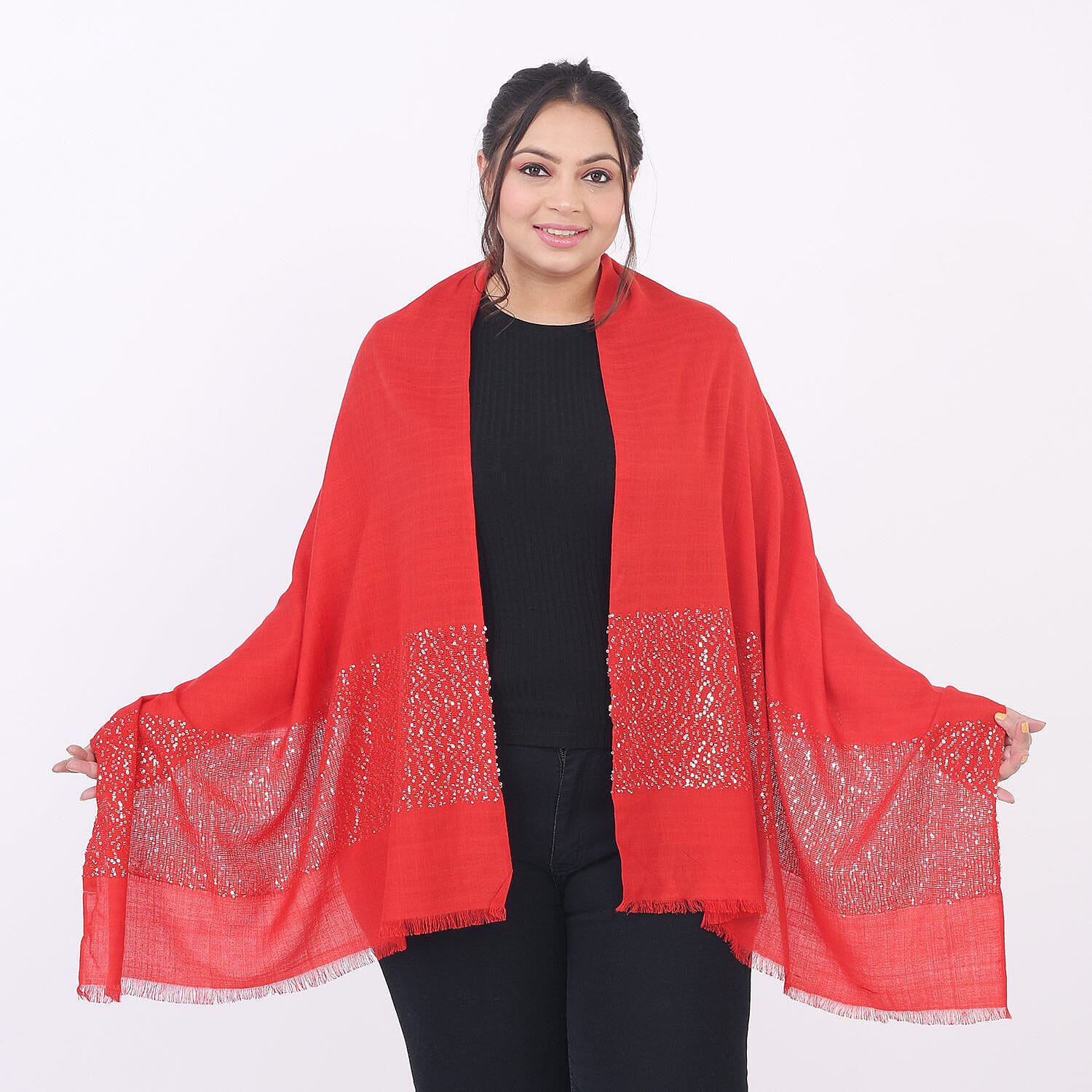 Tamsy Viscose Sequins Scarf (Size 180x70 cm) - Red