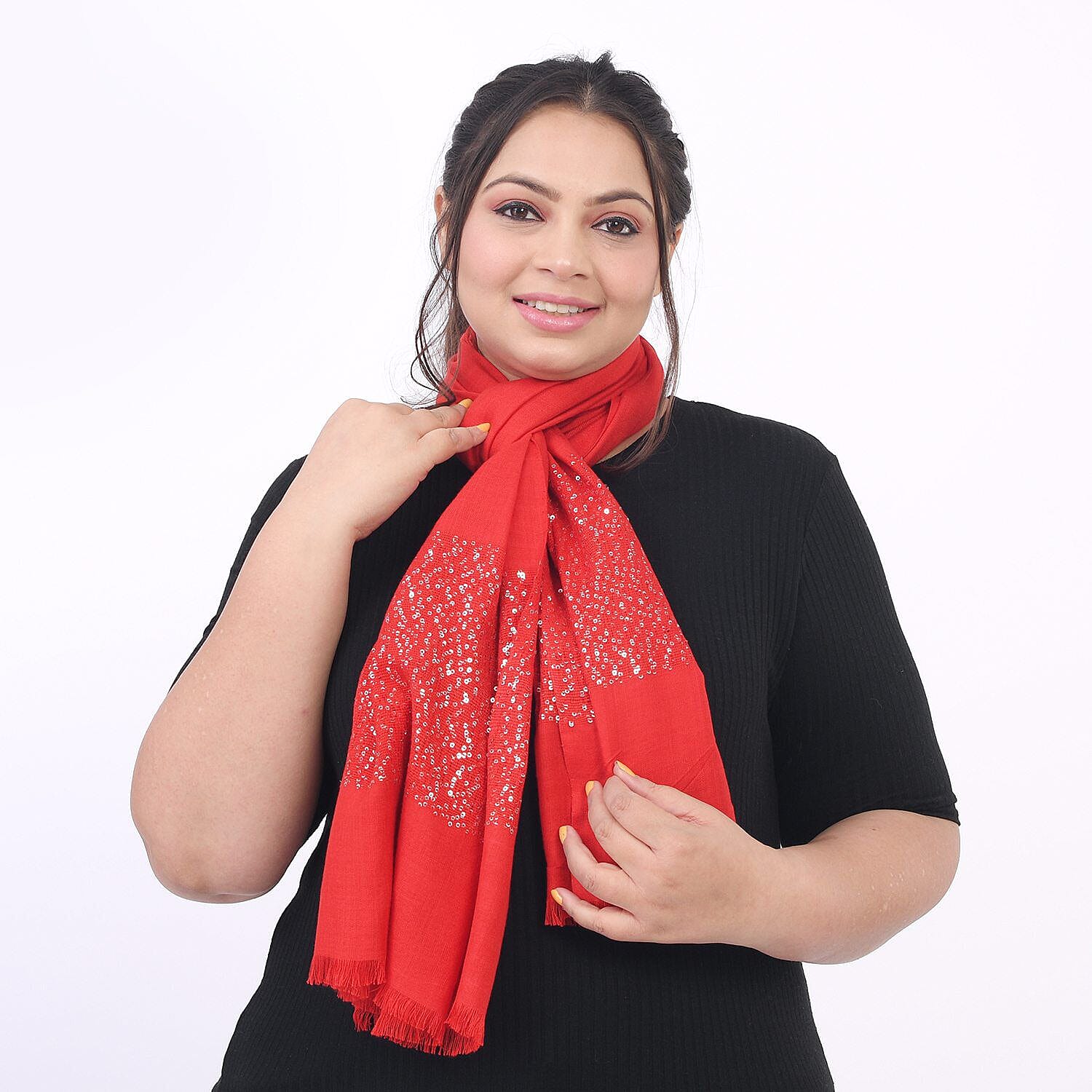Tamsy Viscose Sequins Scarf (Size 180x70 cm) - Red
