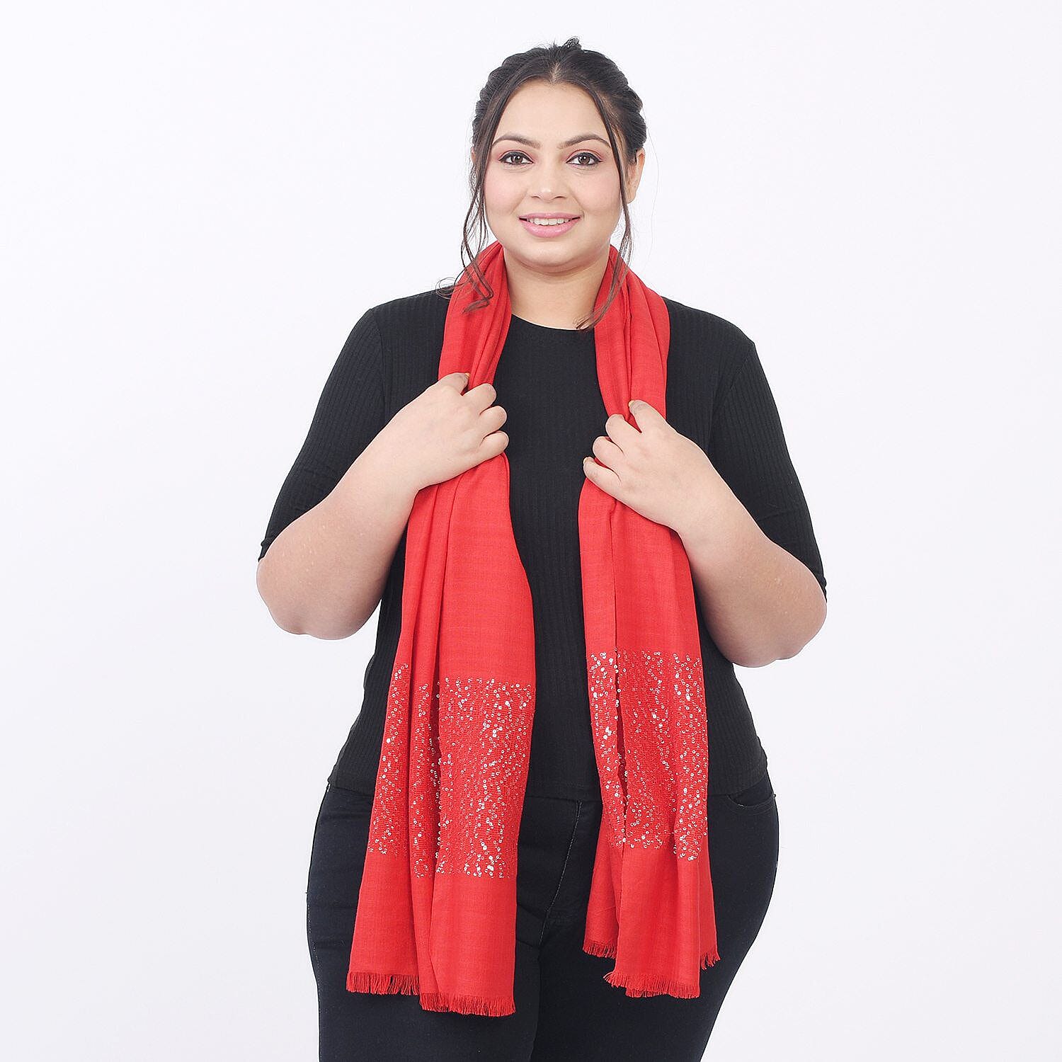 Tamsy Viscose Sequins Scarf (Size 180x70 cm) - Red