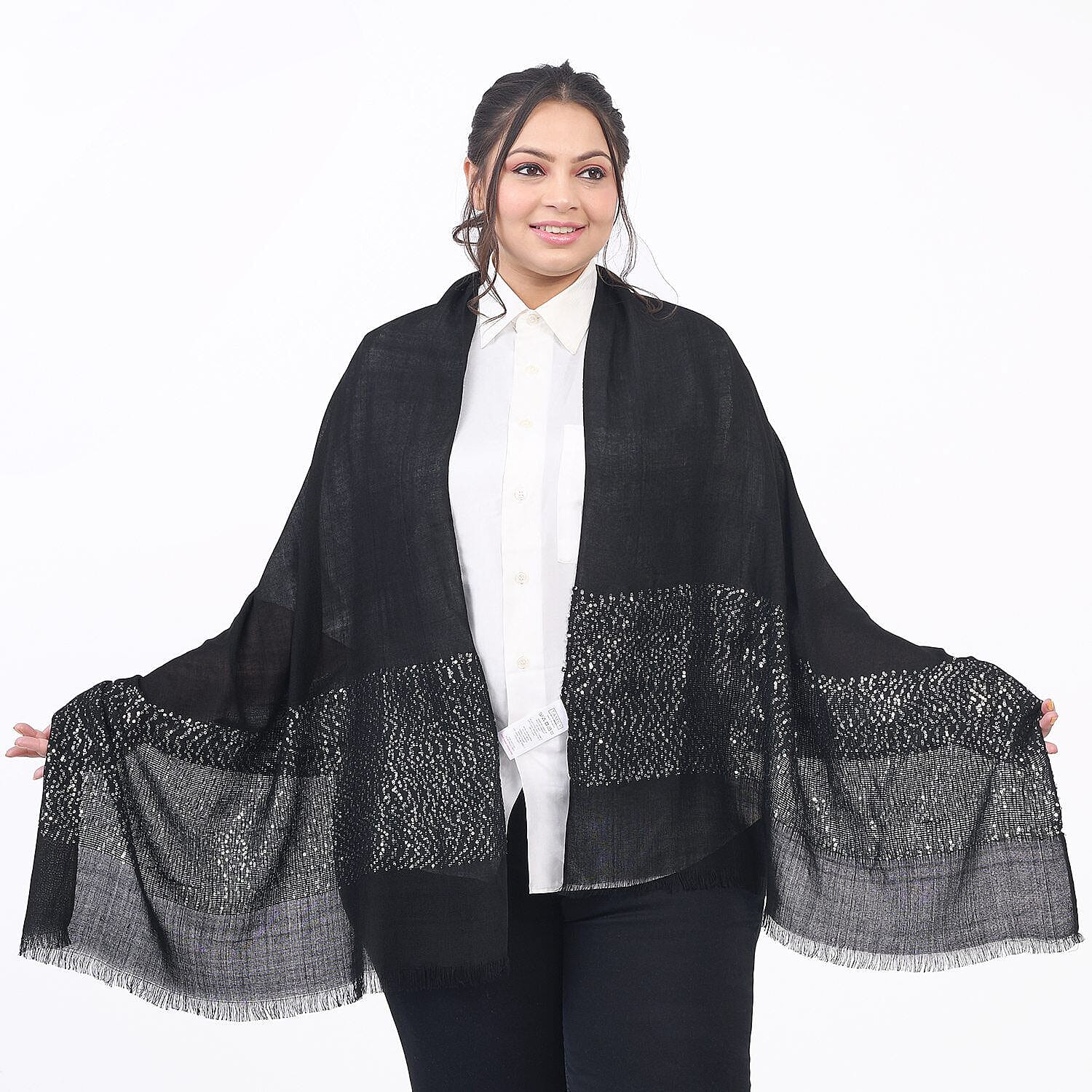 Tamsy Viscose Sequins Scarf (Size 180x70 cm) - Black
