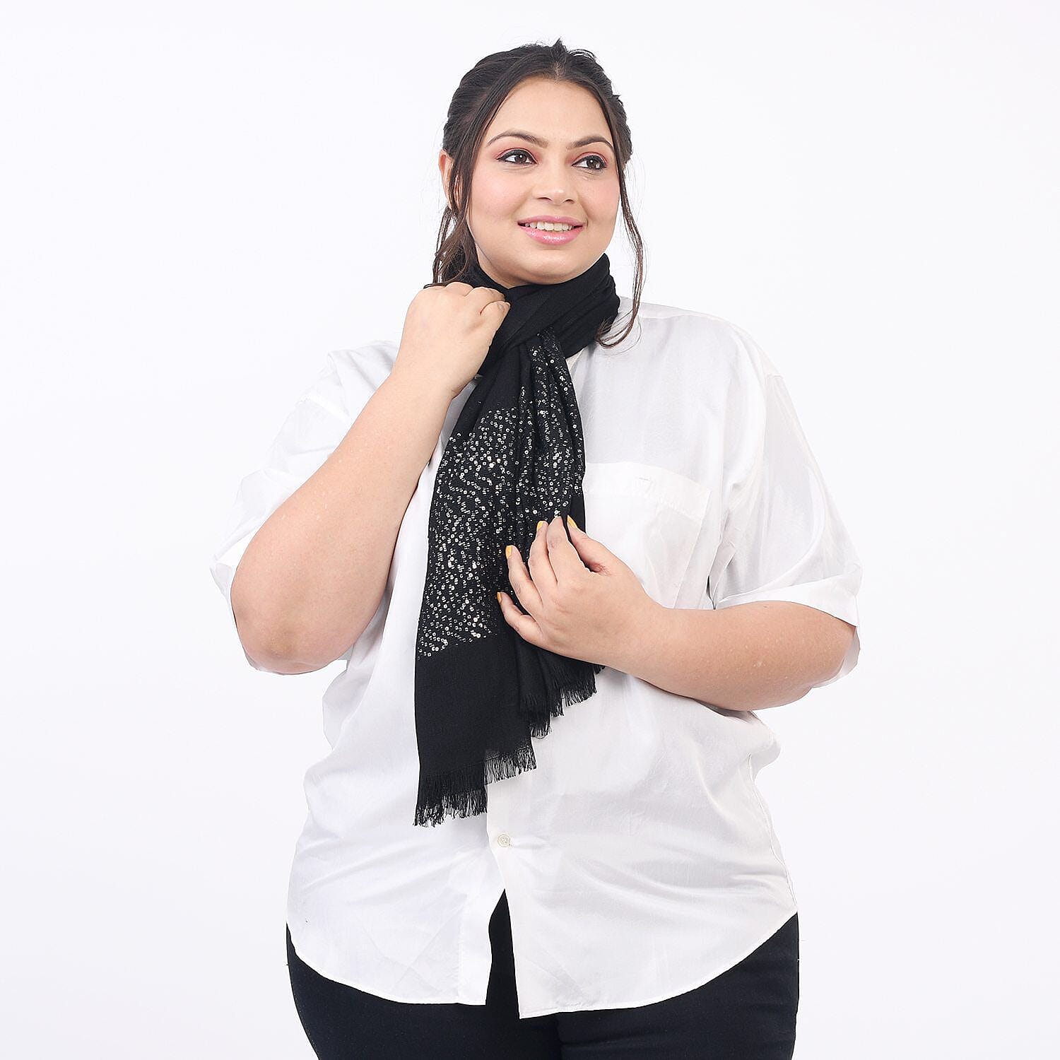 Tamsy Viscose Sequins Scarf (Size 180x70 cm) - Black