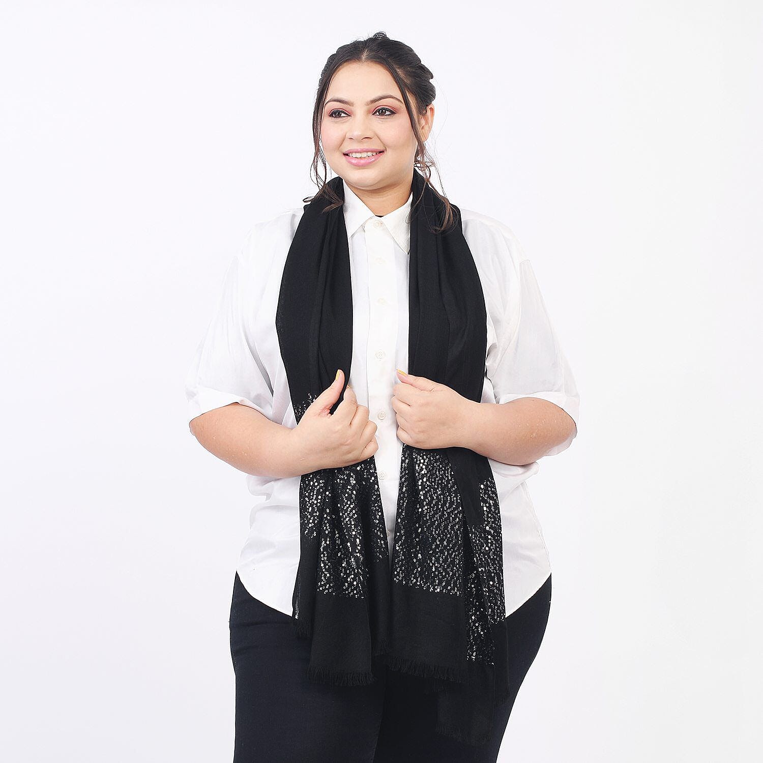 Tamsy Viscose Sequins Scarf (Size 180x70 cm) - Black