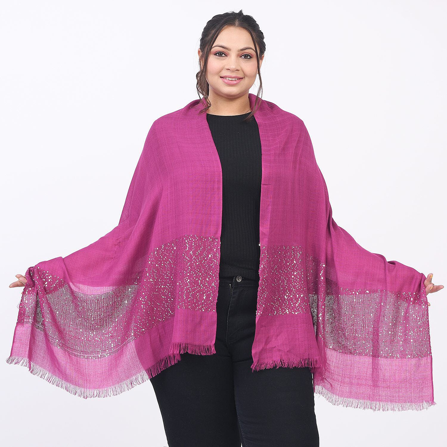 Tamsy Viscose Sequins Scarf (Size 180x70 cm) - Fuchsia