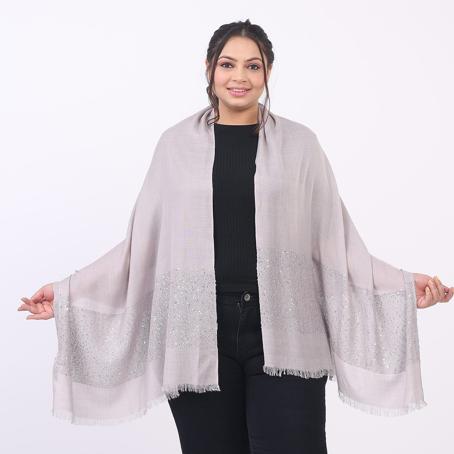 Tamsy Viscose Sequins Work (Size 180x70 cm) - Dove