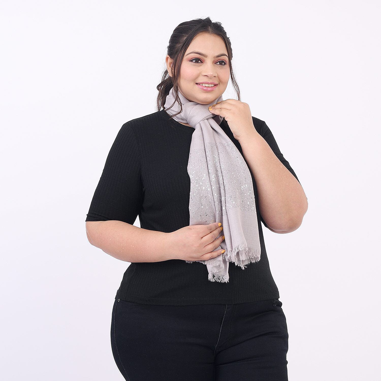 Tamsy Viscose Sequins Work (Size 180x70 cm) - Dove