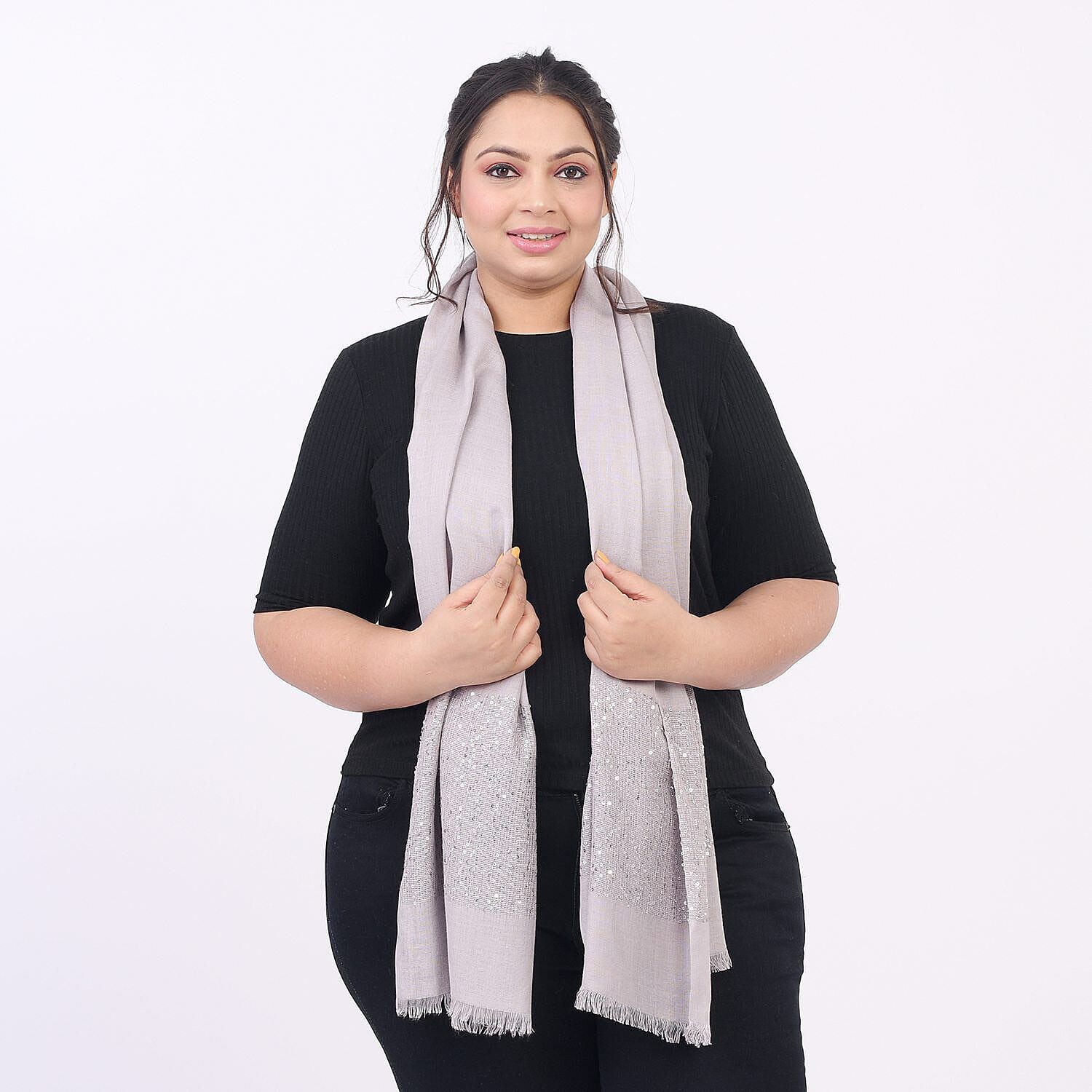 Tamsy Viscose Sequins Work (Size 180x70 cm) - Dove