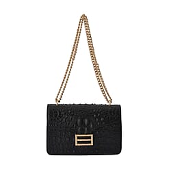 Genuine Leather Patterned Crossbody Bag (Size 25x10x15 cm) - Black & Black