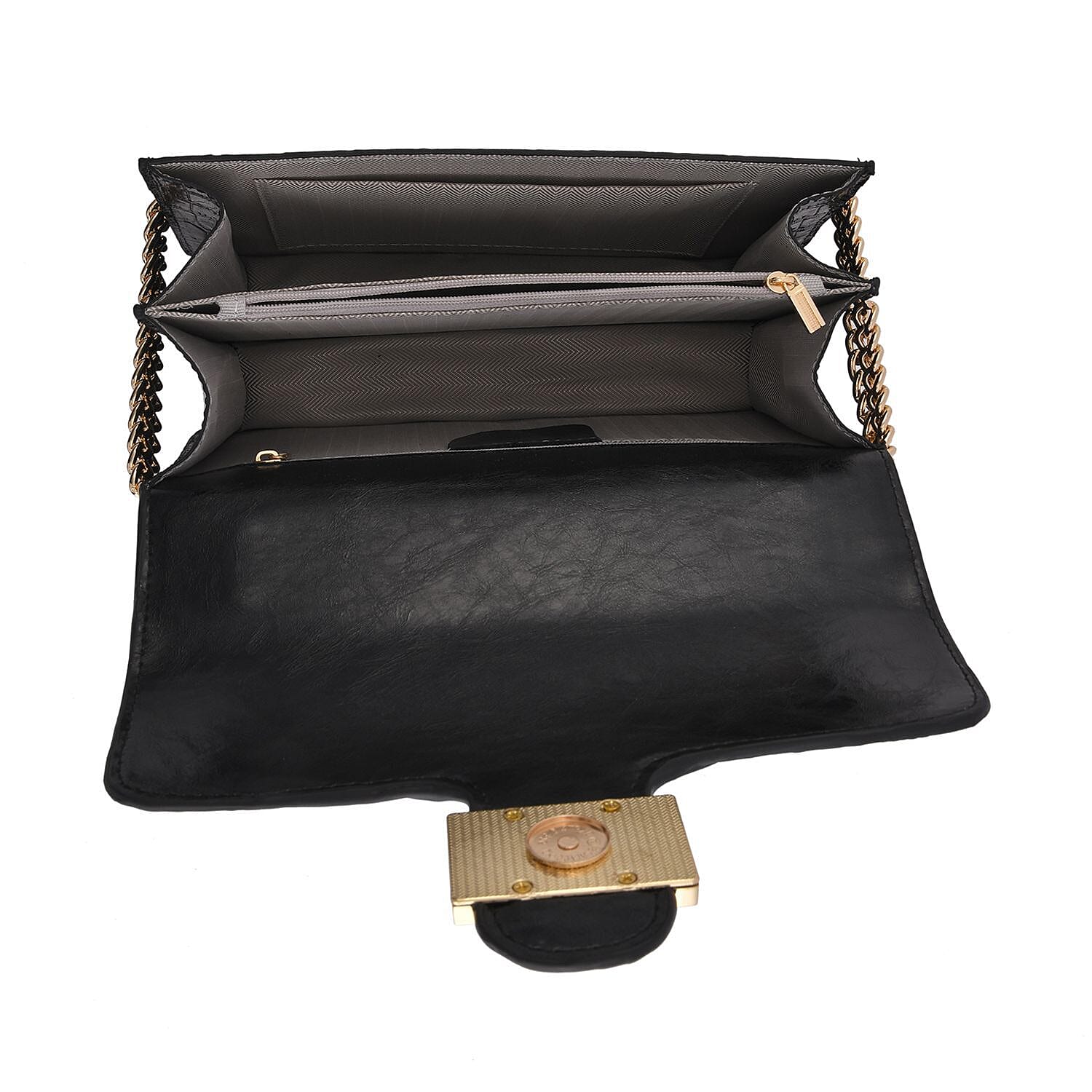 Genuine Leather Patterned Crossbody Bag (Size 25x10x15 cm) - Black & Black