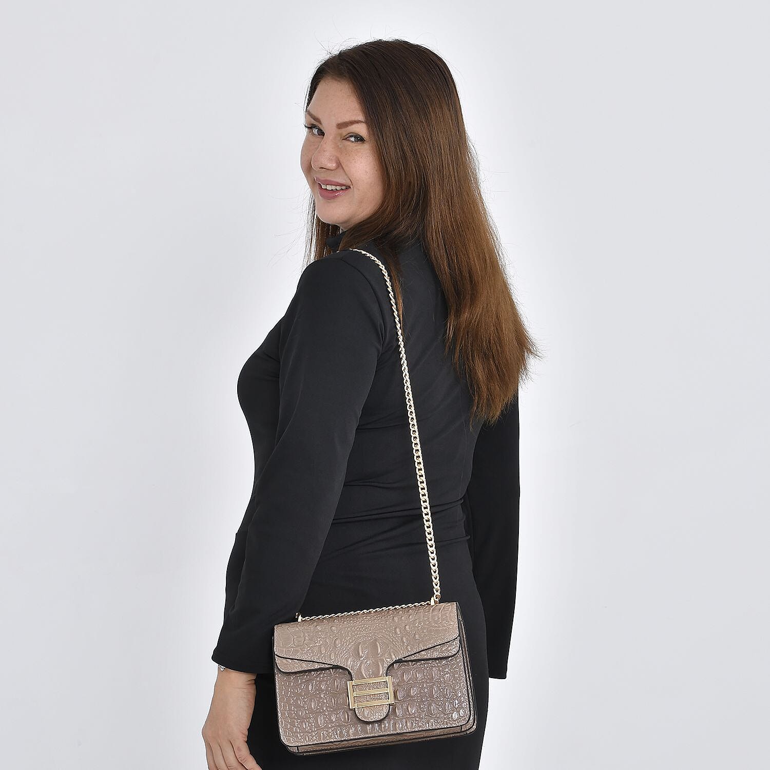 Boutique CloseOut- 100% Genuine Leather Crossbody Bag with Chain Strap  - Beige