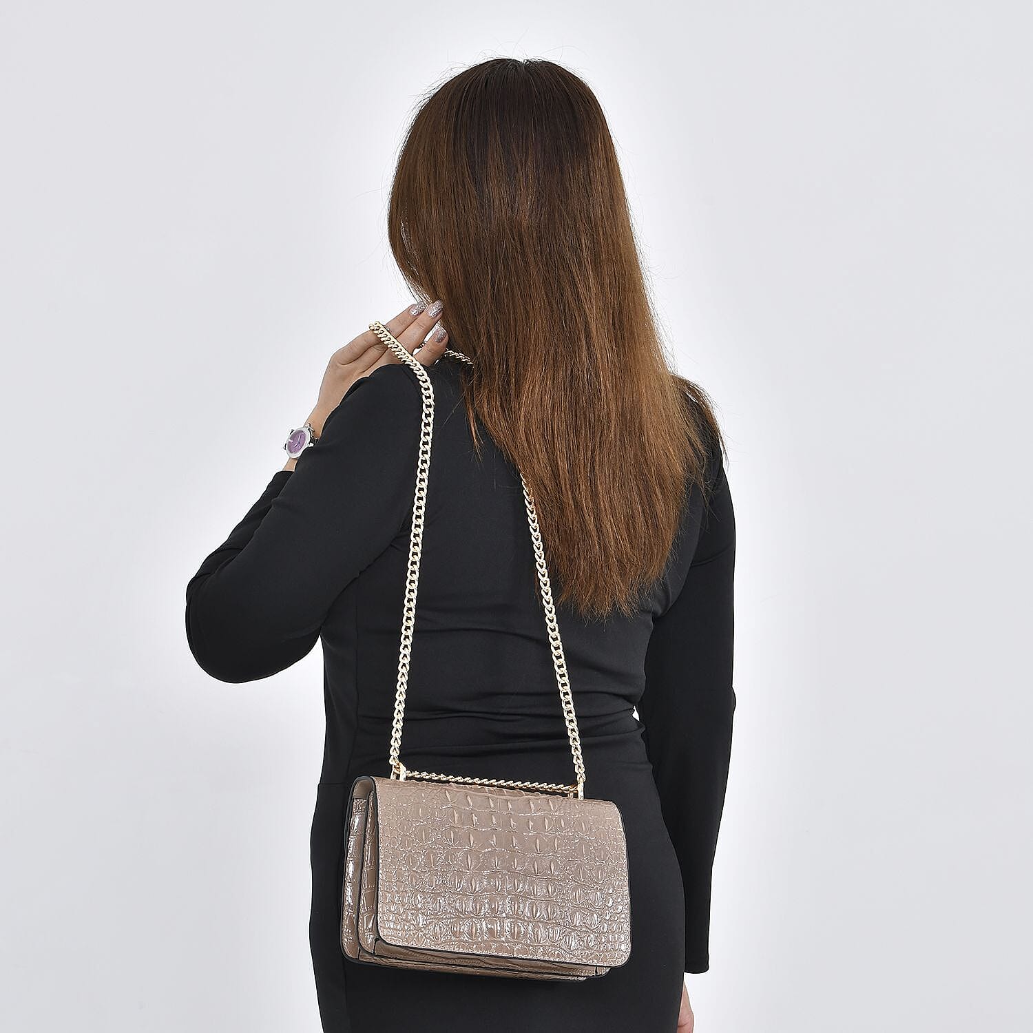 Boutique CloseOut- 100% Genuine Leather Crossbody Bag with Chain Strap  - Beige