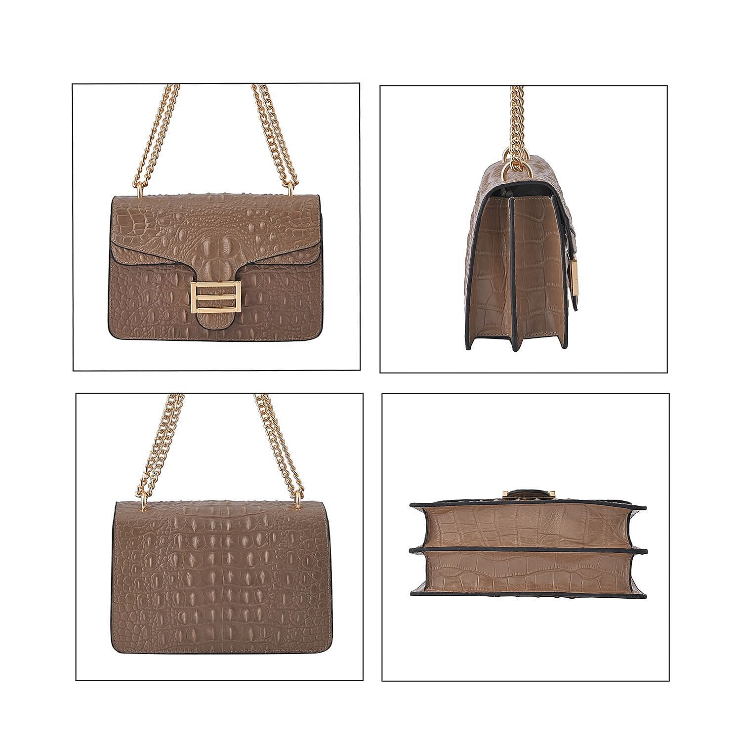 Boutique CloseOut- 100% Genuine Leather Crossbody Bag with Chain Strap  - Beige