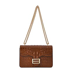 Genuine Leather Patterned Crossbody Bag (Size 25x10x15 cm) - Tan & Black