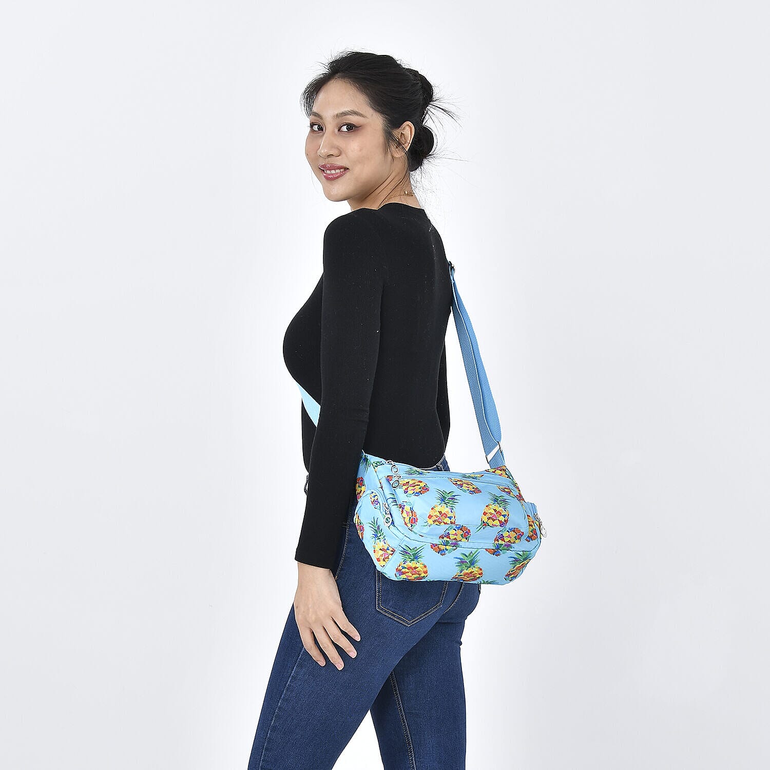 Oxford Pineapple Pattern Crossbody Bag with Shoulder Strap (Size 26x20x10 cm) - Yellow & Blue