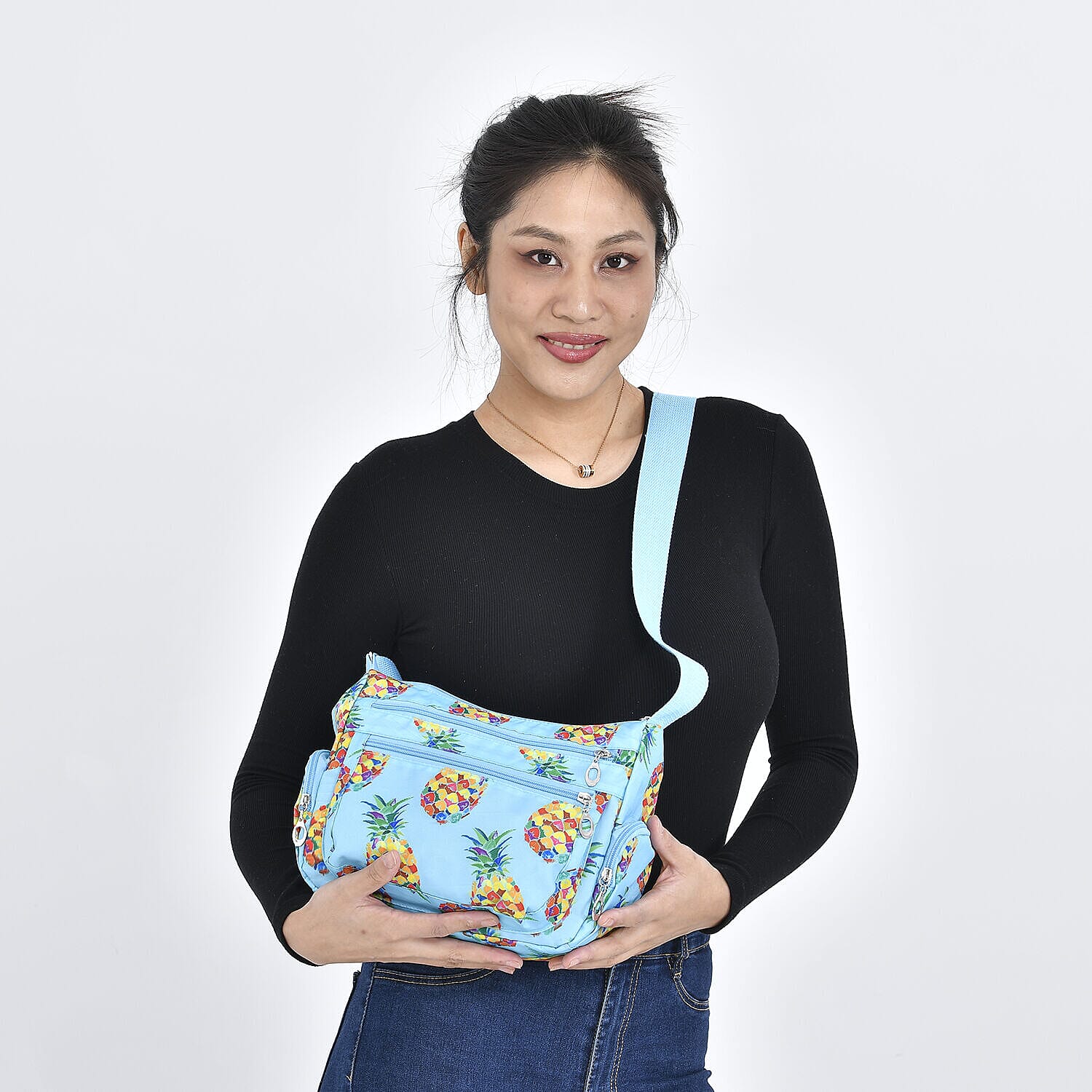 Oxford Pineapple Pattern Crossbody Bag with Shoulder Strap (Size 26x20x10 cm) - Yellow & Blue