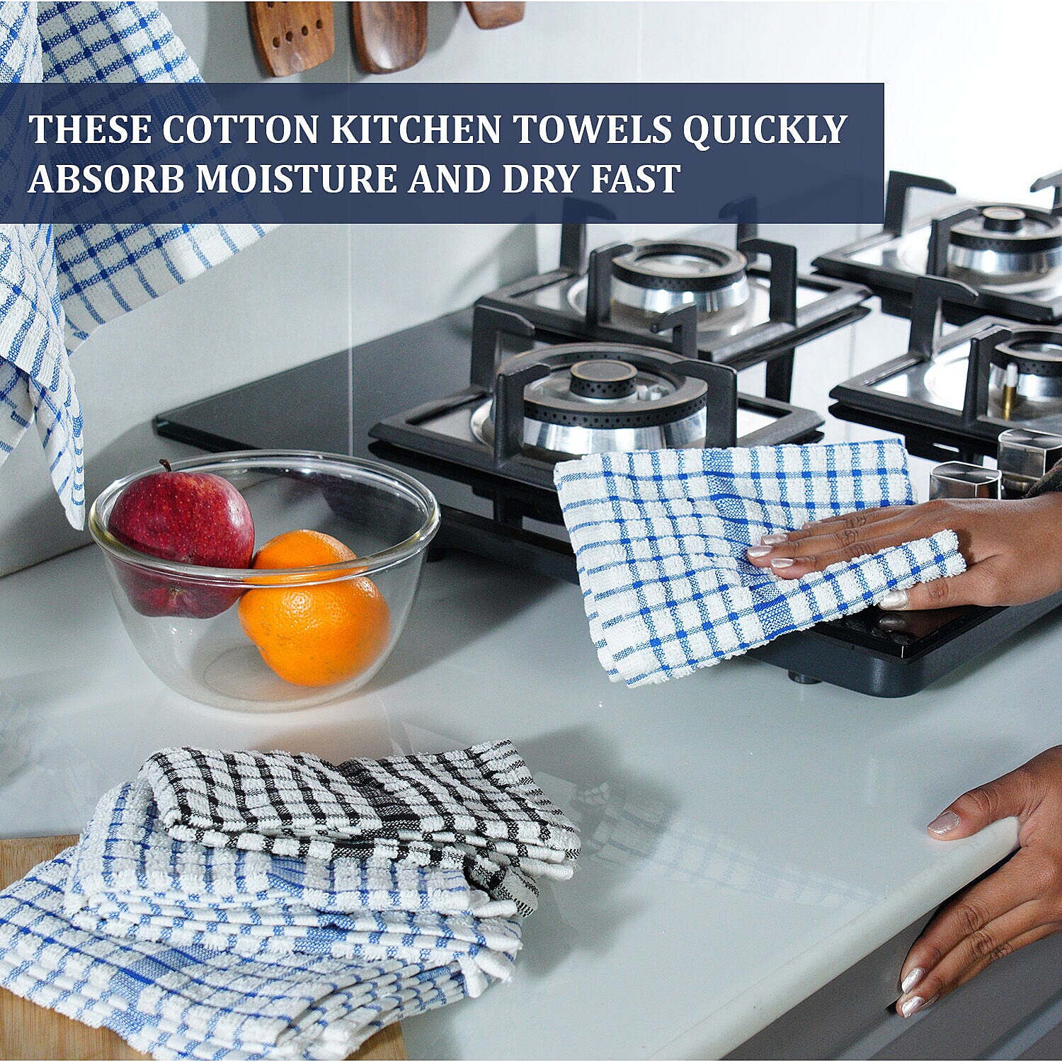 Set of 12 -  Cotton Checkered Kitchen Towel (Size 35x33 Cm) - Blue & White