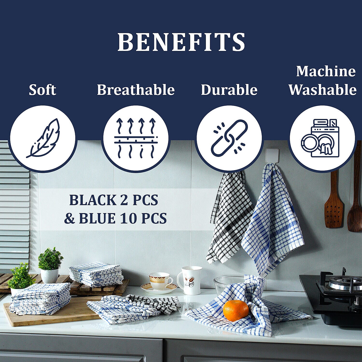 Set of 12 -  Cotton Checkered Kitchen Towel (Size 35x33 Cm) - Blue & White