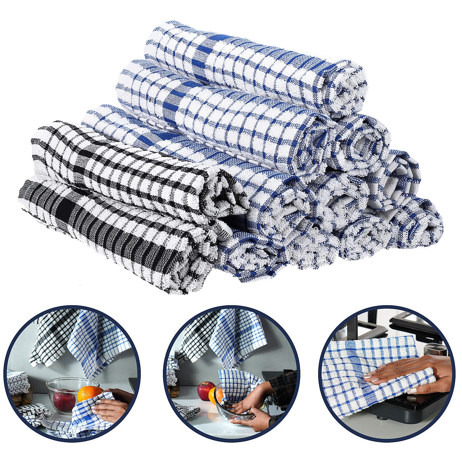 Set of 12 -  Cotton Checkered Kitchen Towel (Size 35x33 Cm) - Blue & White