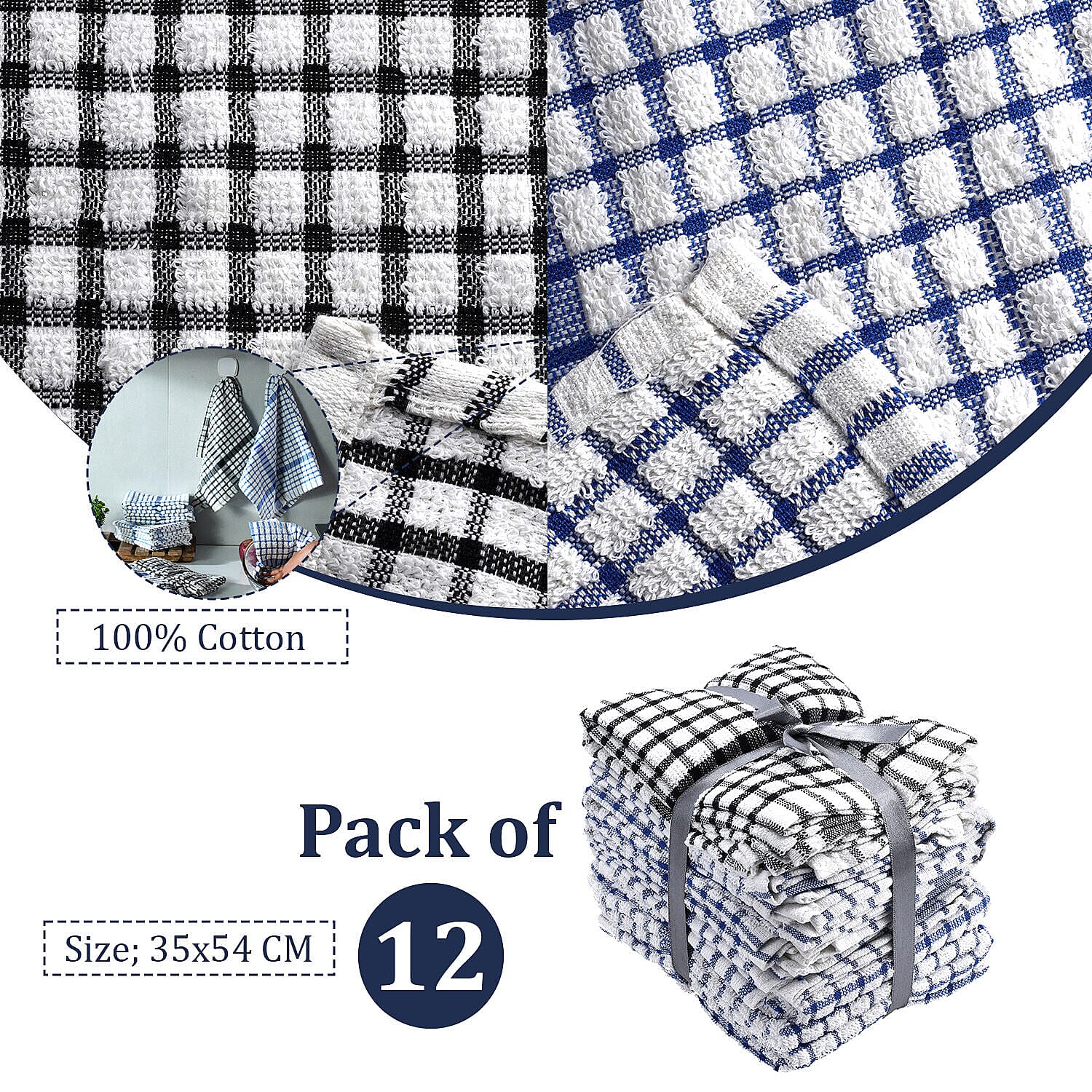 Set of 12 -  Cotton Checkered Kitchen Towel (Size 35x33 Cm) - Blue & White