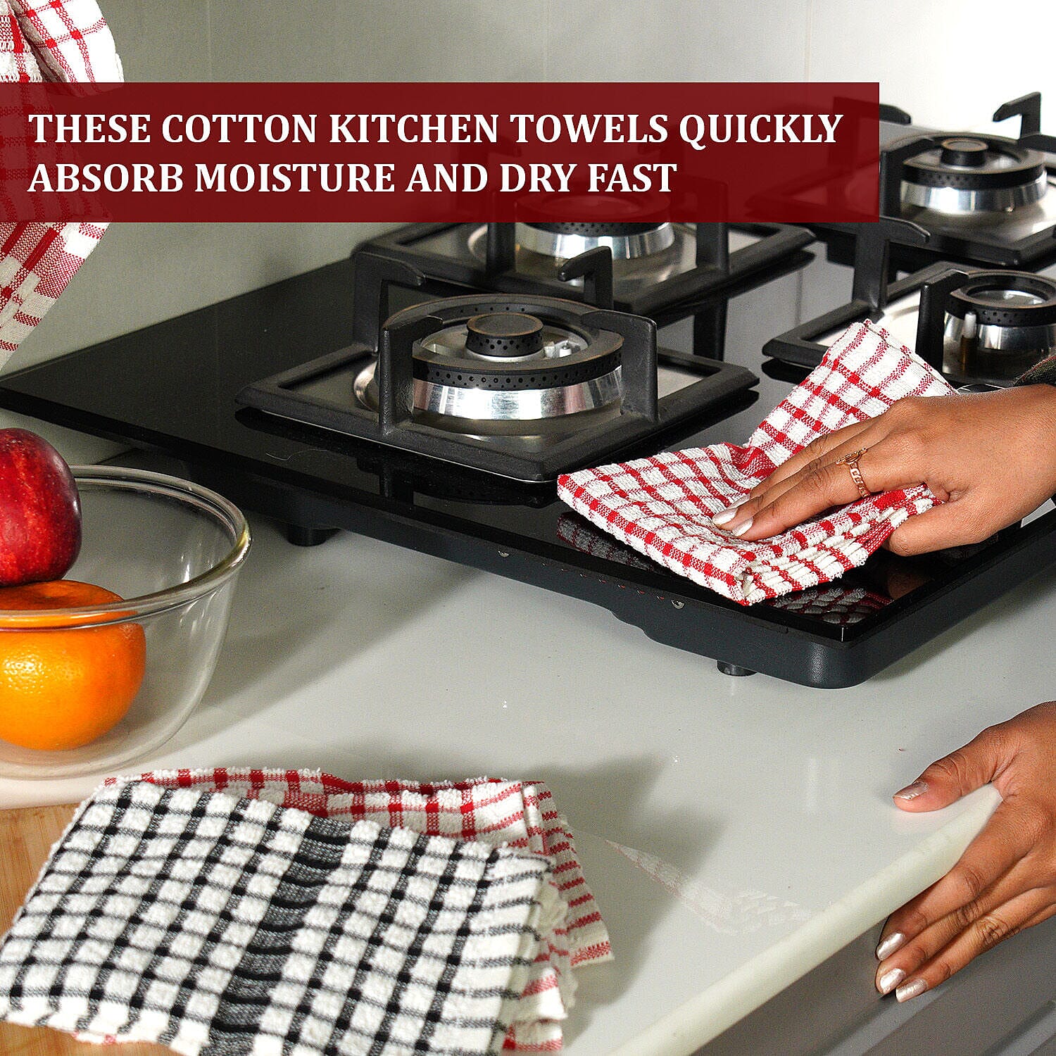 Set of 12 - Heavy Duty Cotton Checkered Kitchen Towel (Size 35x33 cm) - Red & White