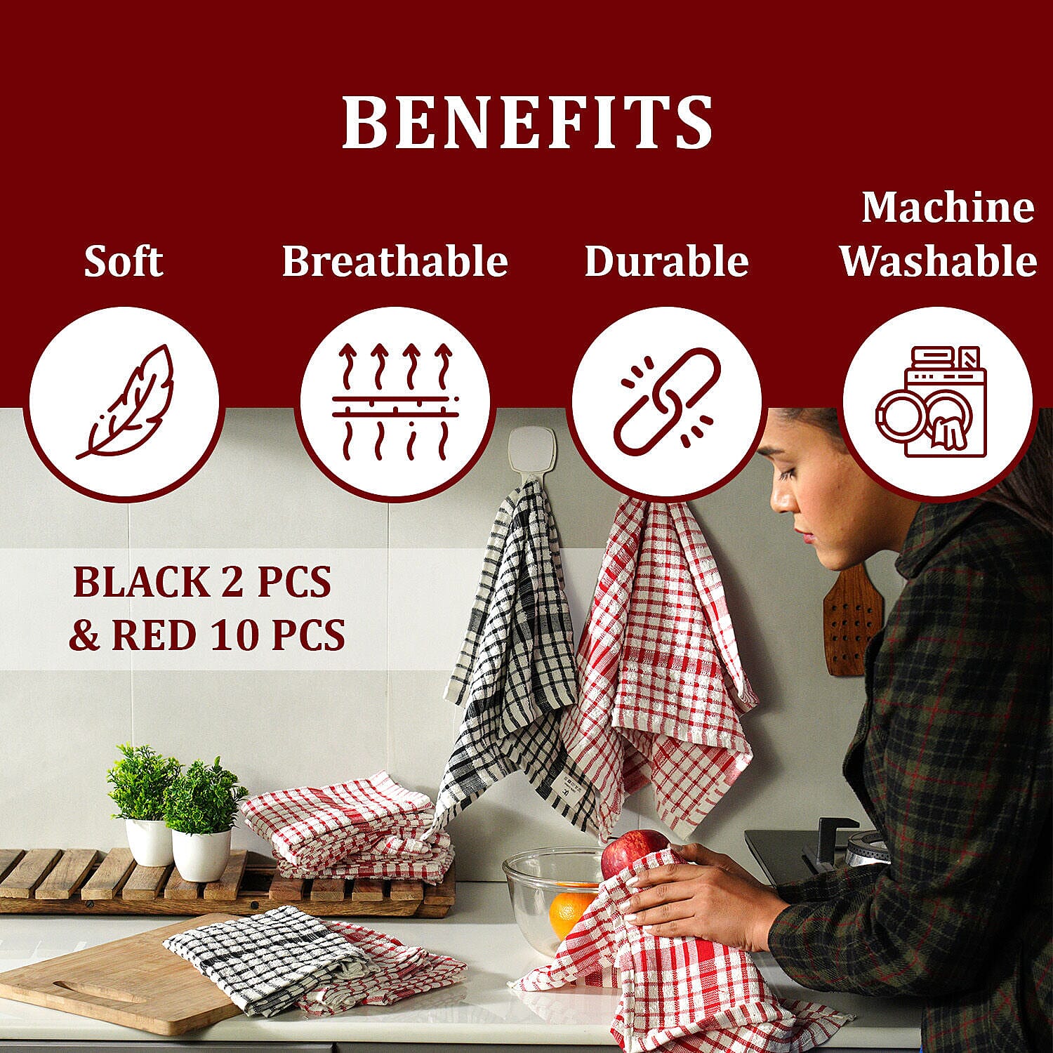 Set of 12 - Heavy Duty Cotton Checkered Kitchen Towel (Size 35x33 cm) - Red & White