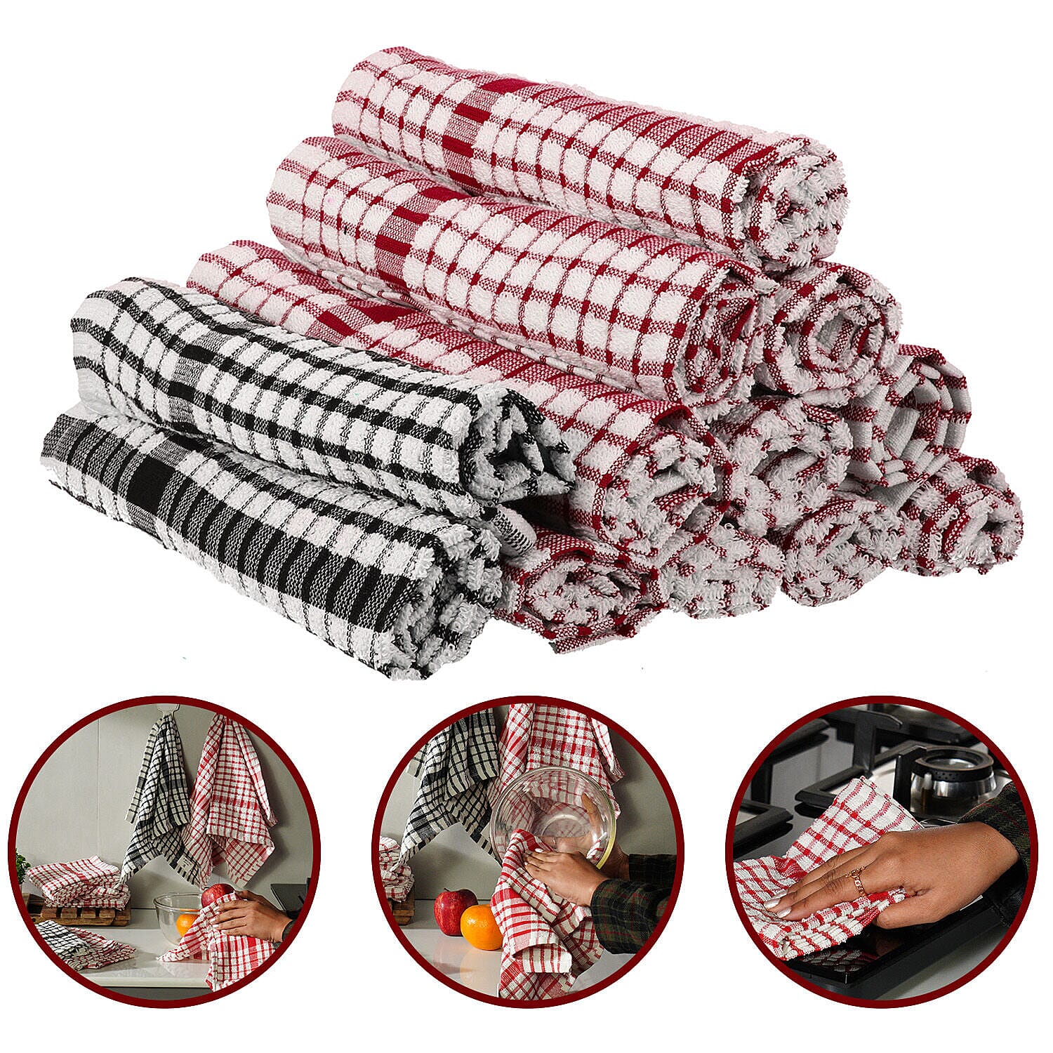 Set of 12 - Heavy Duty Cotton Checkered Kitchen Towel (Size 35x33 cm) - Red & White