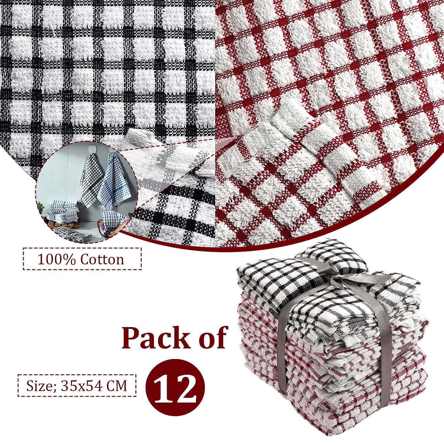 Set of 12 - Heavy Duty Cotton Checkered Kitchen Towel (Size 35x33 cm) - Red & White