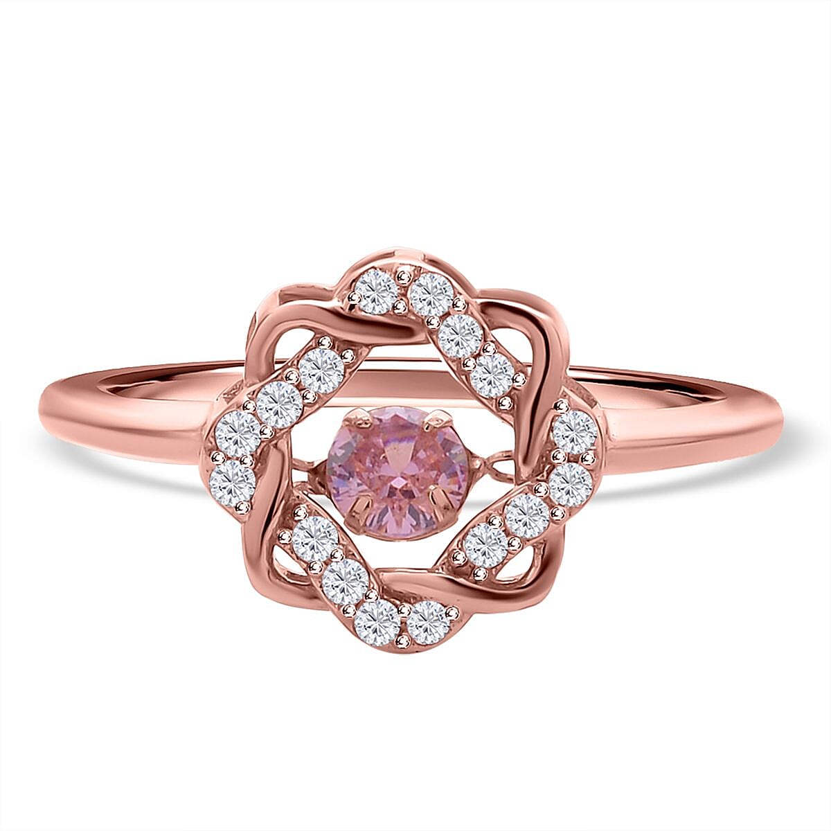 One Time Deal- Dancing Finest Pink CZ Ring in Rose Gold Overlay Sterling Silver