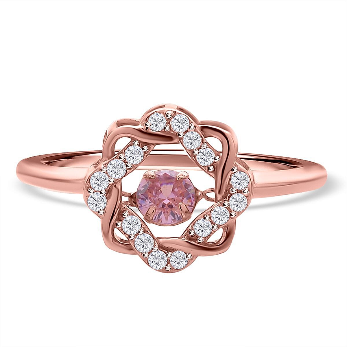 One Time Deal- Dancing Finest Pink CZ Ring in Rose Gold Overlay Sterling Silver