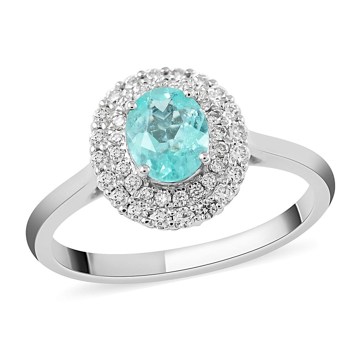 AGI Certified and Appraised RHAPSODY 950 Platinum AAAA Paraiba Tourmaline and Diamond (VS-E-F) Double Halo Ring 1.00 Ct.