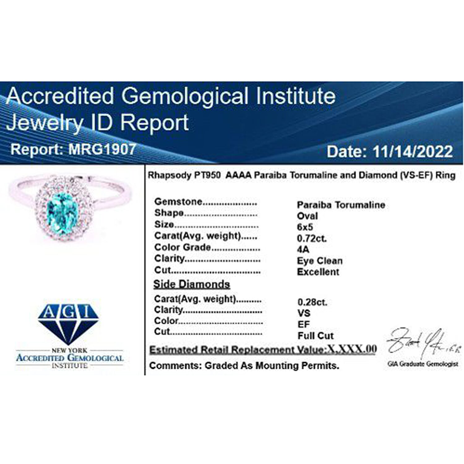 AGI Certified and Appraised RHAPSODY 950 Platinum AAAA Paraiba Tourmaline and Diamond (VS-E-F) Double Halo Ring 1.00 Ct.