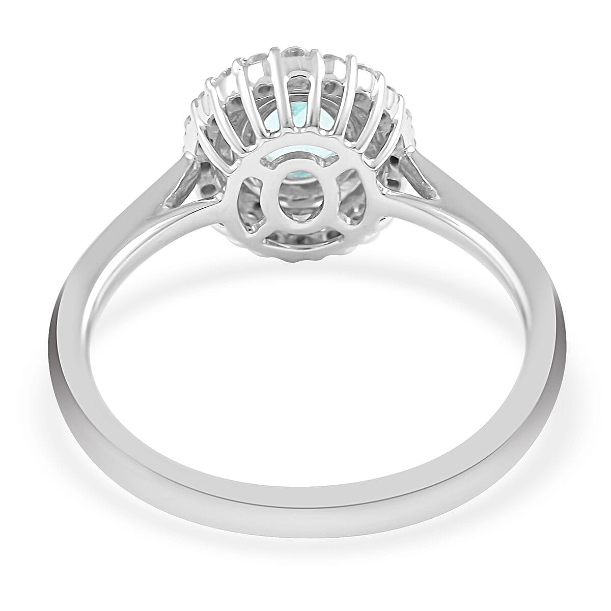 AGI Certified and Appraised RHAPSODY 950 Platinum AAAA Paraiba Tourmaline and Diamond (VS-E-F) Double Halo Ring 1.00 Ct.