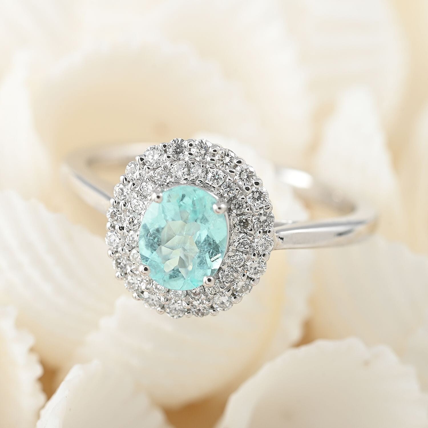 AGI Certified and Appraised RHAPSODY 950 Platinum AAAA Paraiba Tourmaline and Diamond (VS-E-F) Double Halo Ring 1.00 Ct.