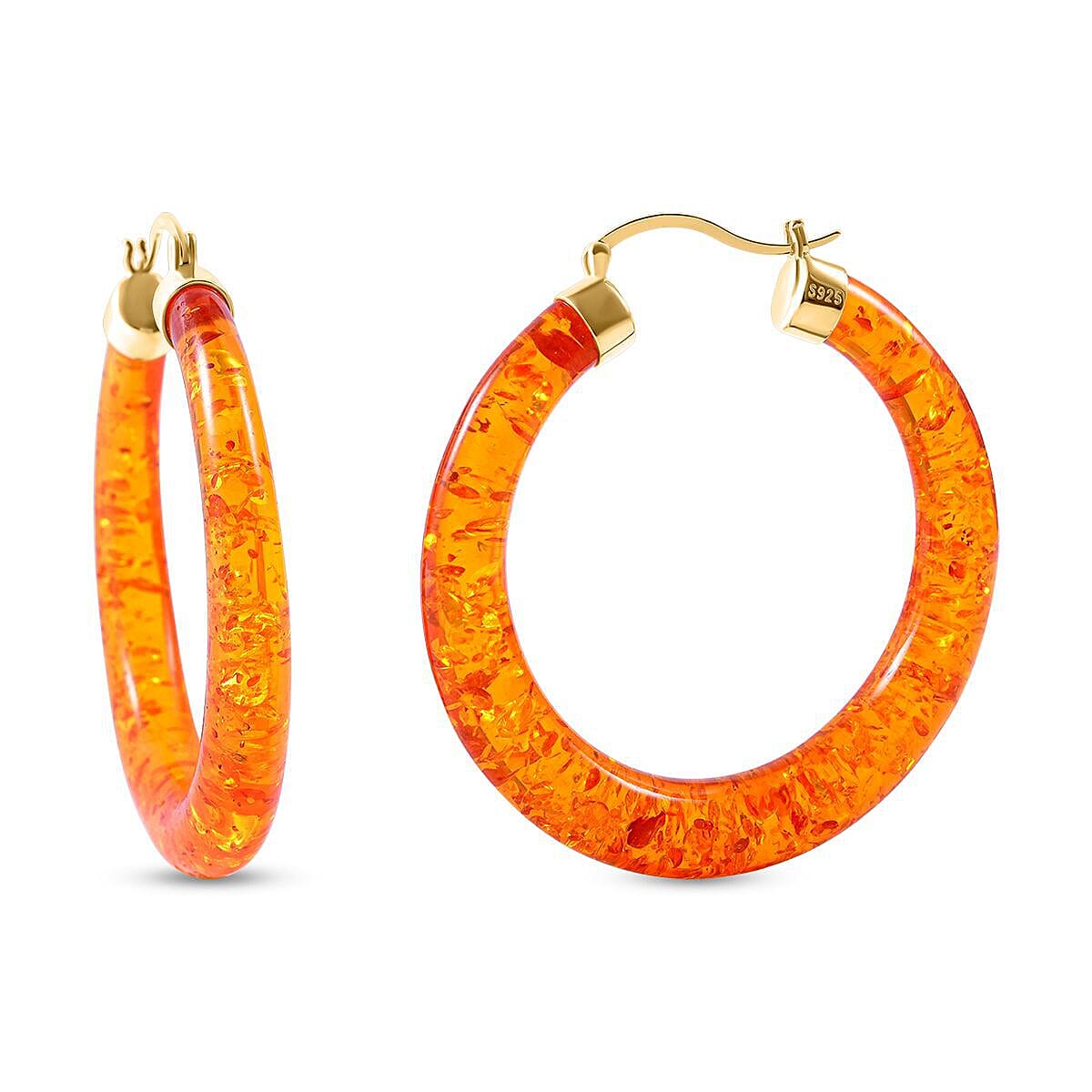 First Time- Natural Baltic Amber Carved Hoop Earrings (With Clasp) in Gold Overlay Sterling Silver (Innerdiameter 43.45)