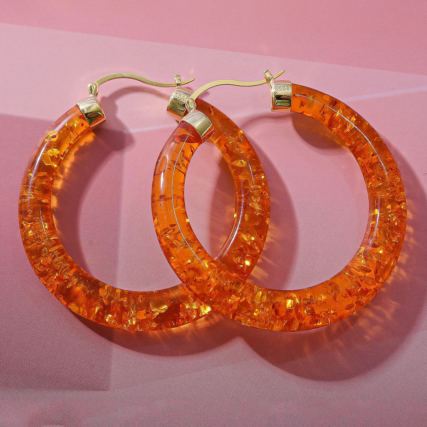 First Time- Natural Baltic Amber Carved Hoop Earrings (With Clasp) in Gold Overlay Sterling Silver (Innerdiameter 43.45)