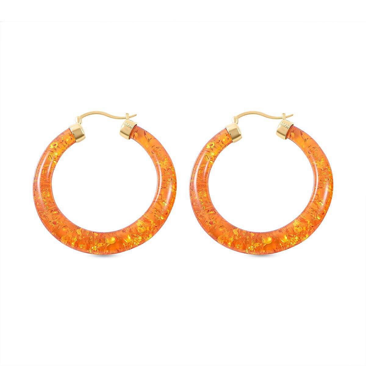 First Time- Natural Baltic Amber Carved Hoop Earrings (With Clasp) in Gold Overlay Sterling Silver (Innerdiameter 43.45)
