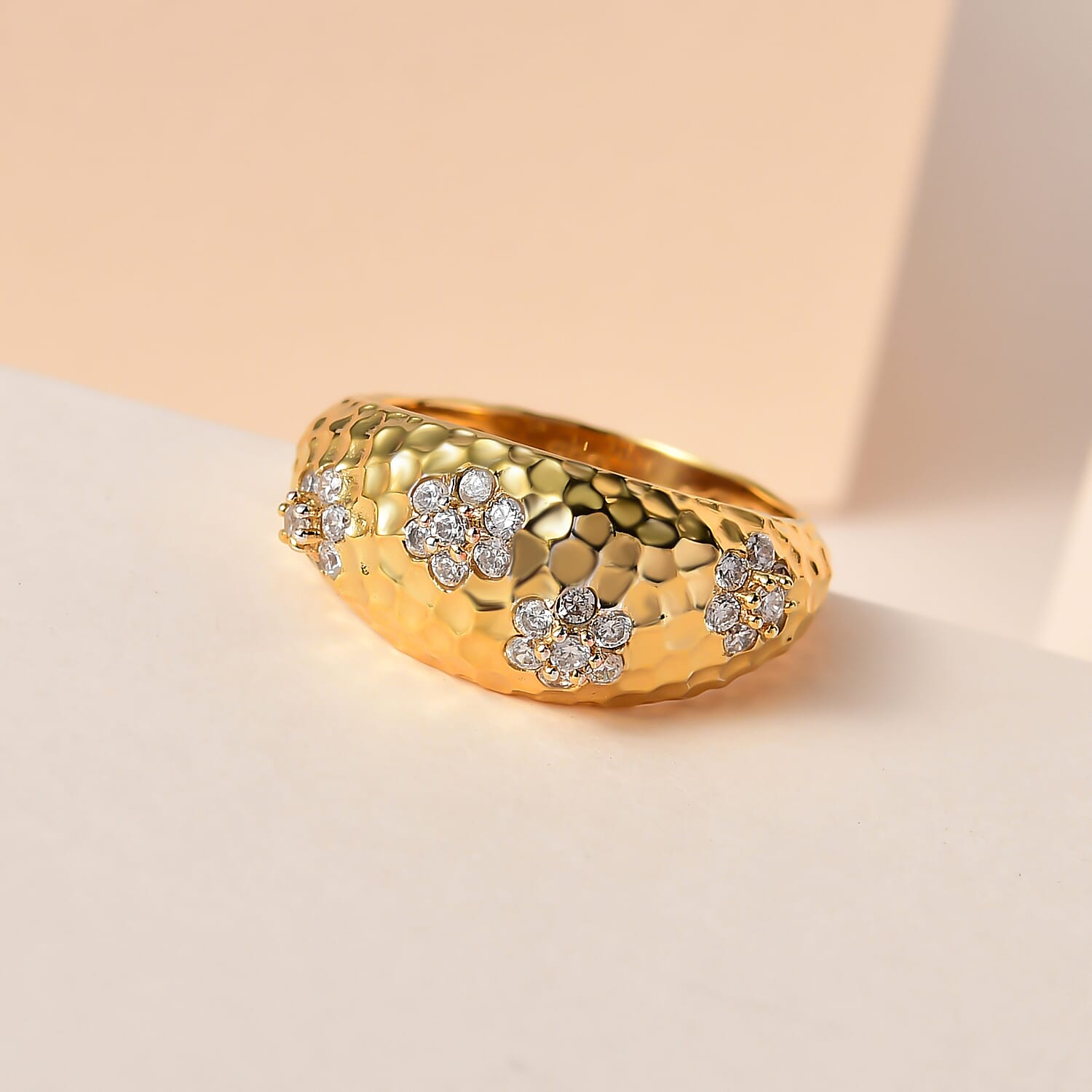 Simulated Diamond Dome Ring in Yellow Gold Tone