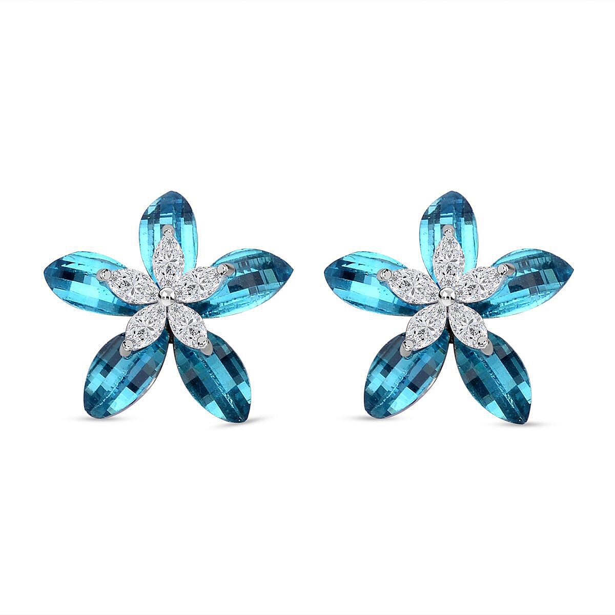 Blue Austrian Crystal and Simulated Diamond Plumeria Floral Earrings in Silver Tone