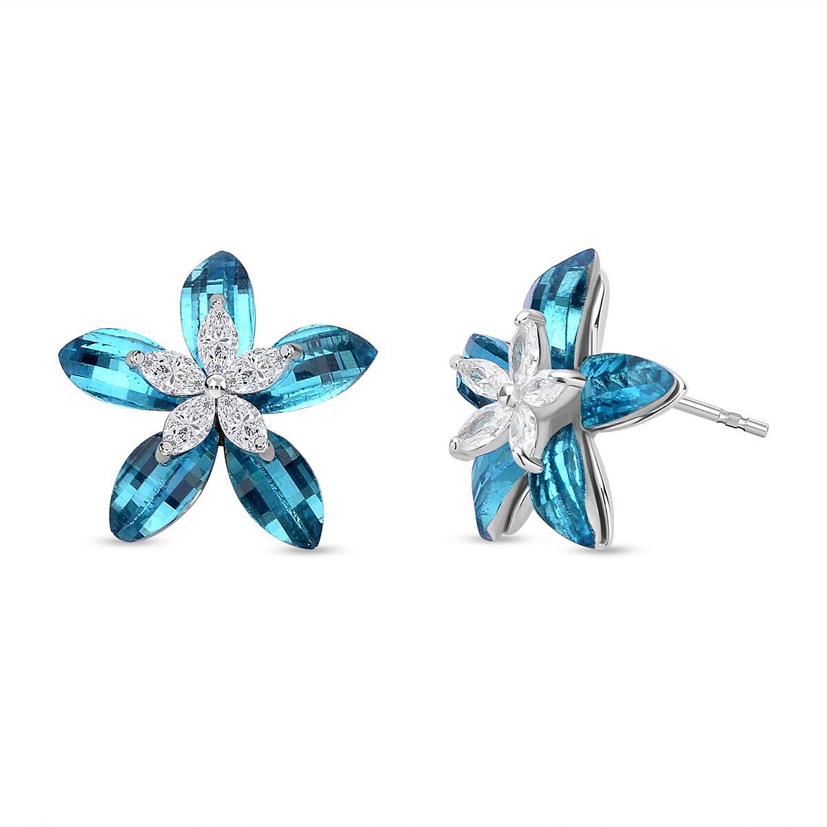 Blue Austrian Crystal and Simulated Diamond Plumeria Floral Earrings in Silver Tone
