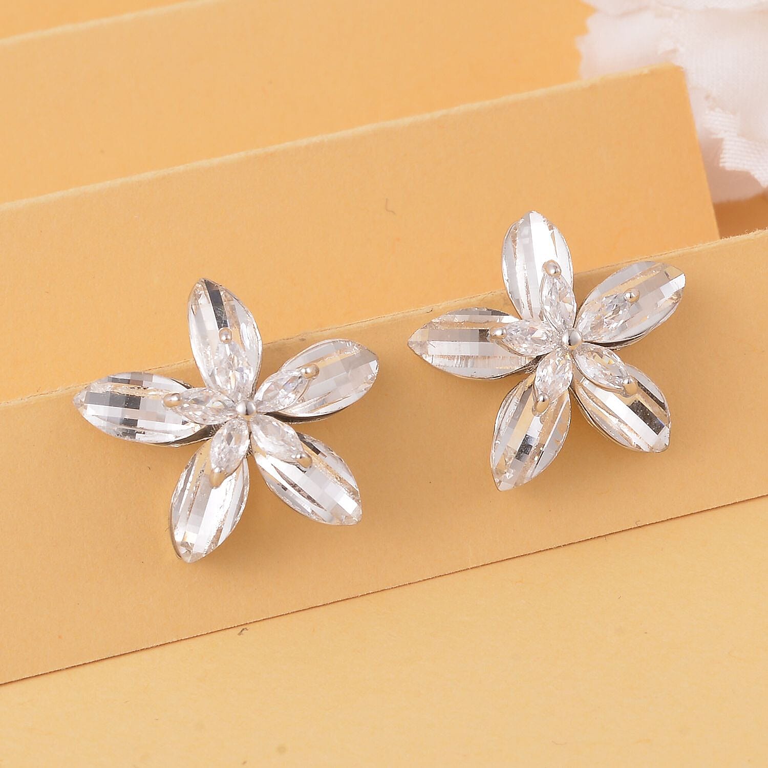 Simulated Diamond Floral Earrings in Silver Tone