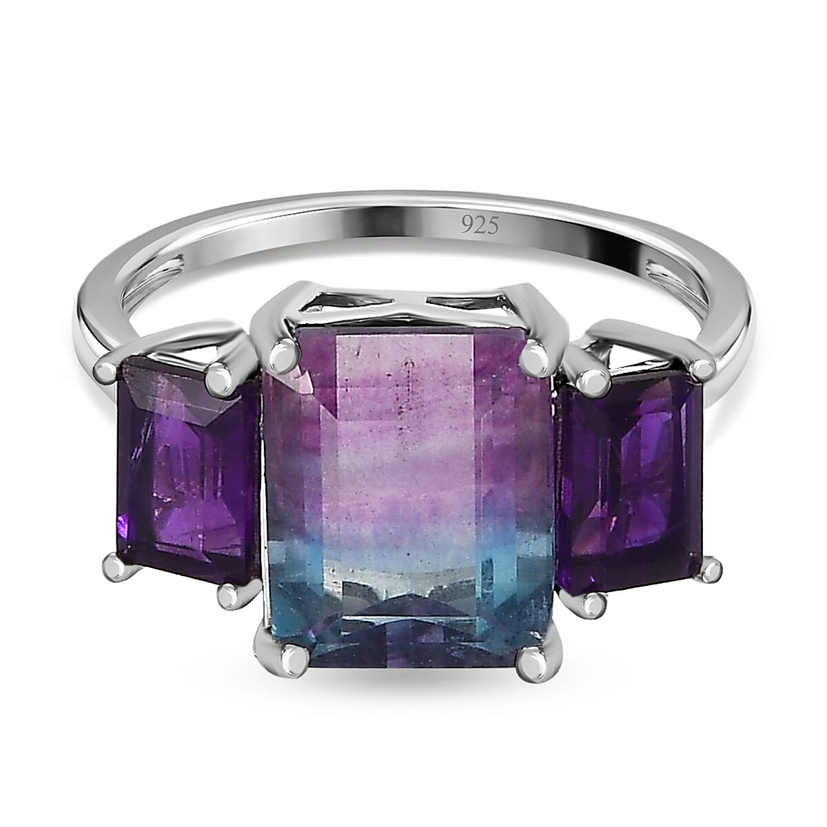 Bi Colour Fluorite and Amethyst Ring in Platinum Overlay Sterling Silver 5.07 Ct.