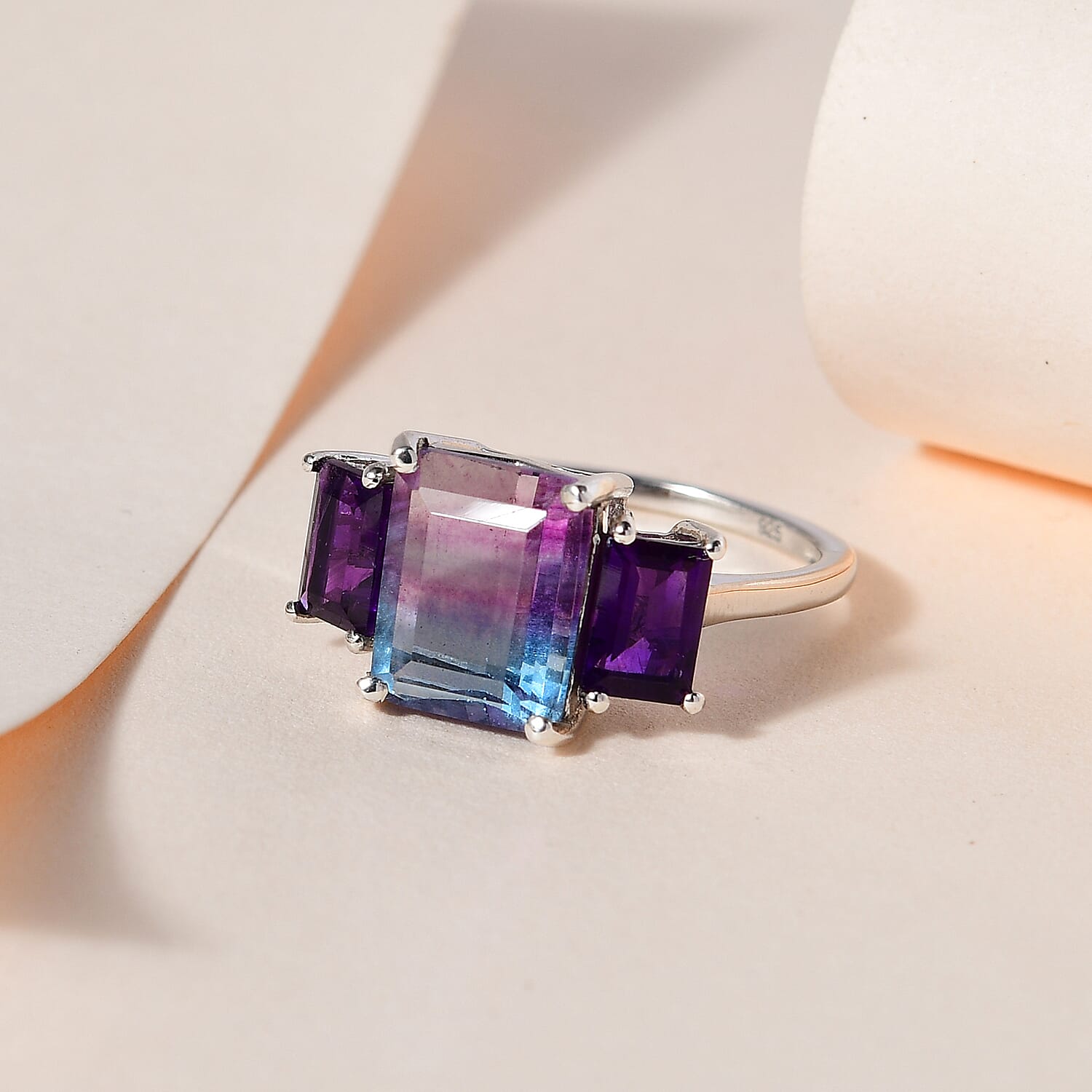 Bi Colour Fluorite and Amethyst Ring in Platinum Overlay Sterling Silver 5.07 Ct.