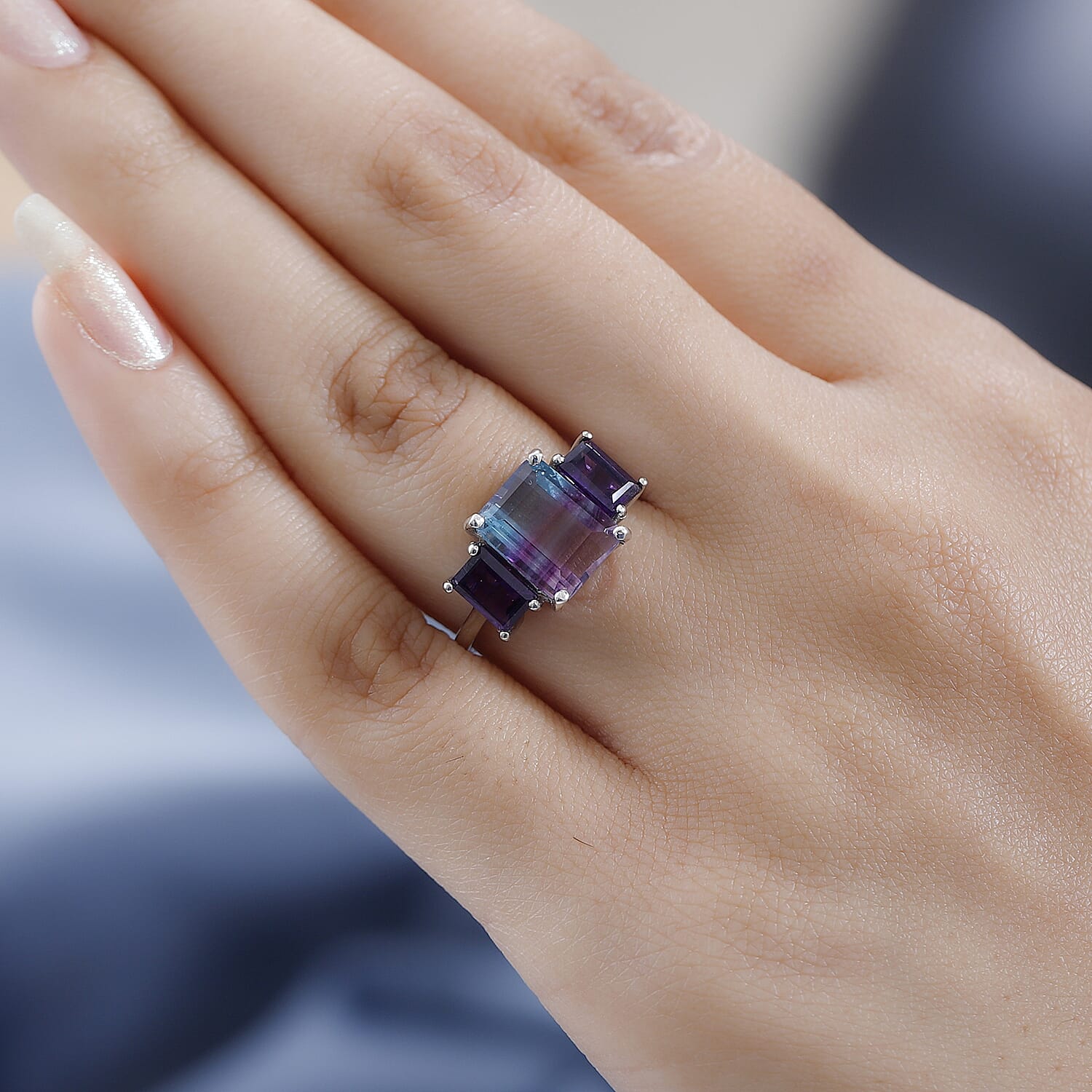 Bi Colour Fluorite and Amethyst Ring in Platinum Overlay Sterling Silver 5.07 Ct.