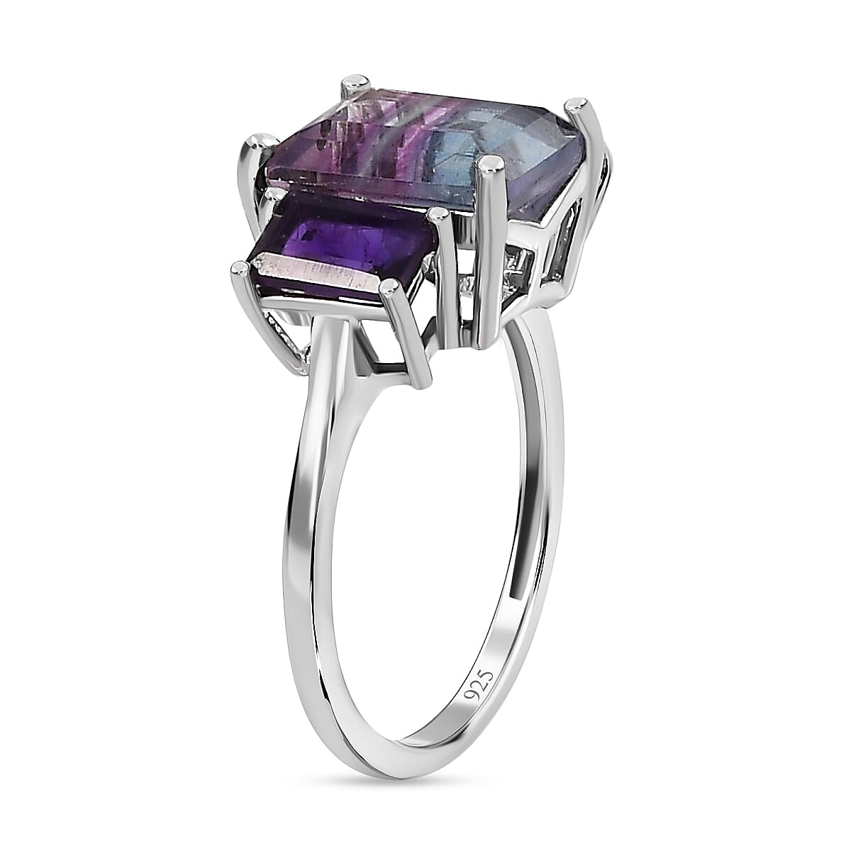 Bi Colour Fluorite and Amethyst Ring in Platinum Overlay Sterling Silver 5.07 Ct.