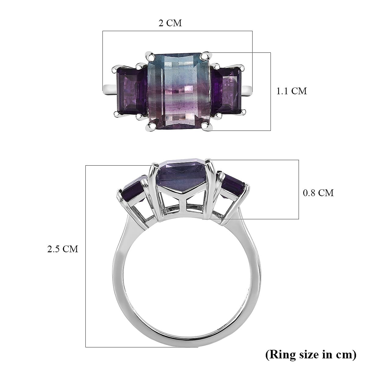 Bi Colour Fluorite and Amethyst Ring in Platinum Overlay Sterling Silver 5.07 Ct.