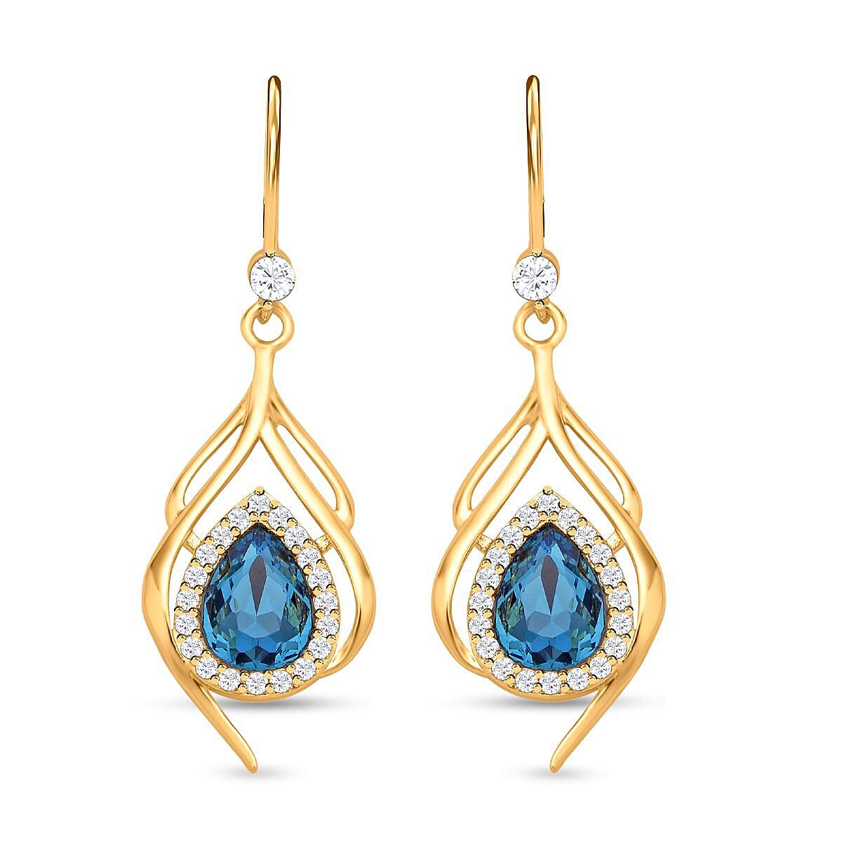 Blue Austrian Crystal and Simulated Diamond Dangle Earrings (with Fish Hook) in Yellow Gold Tone
