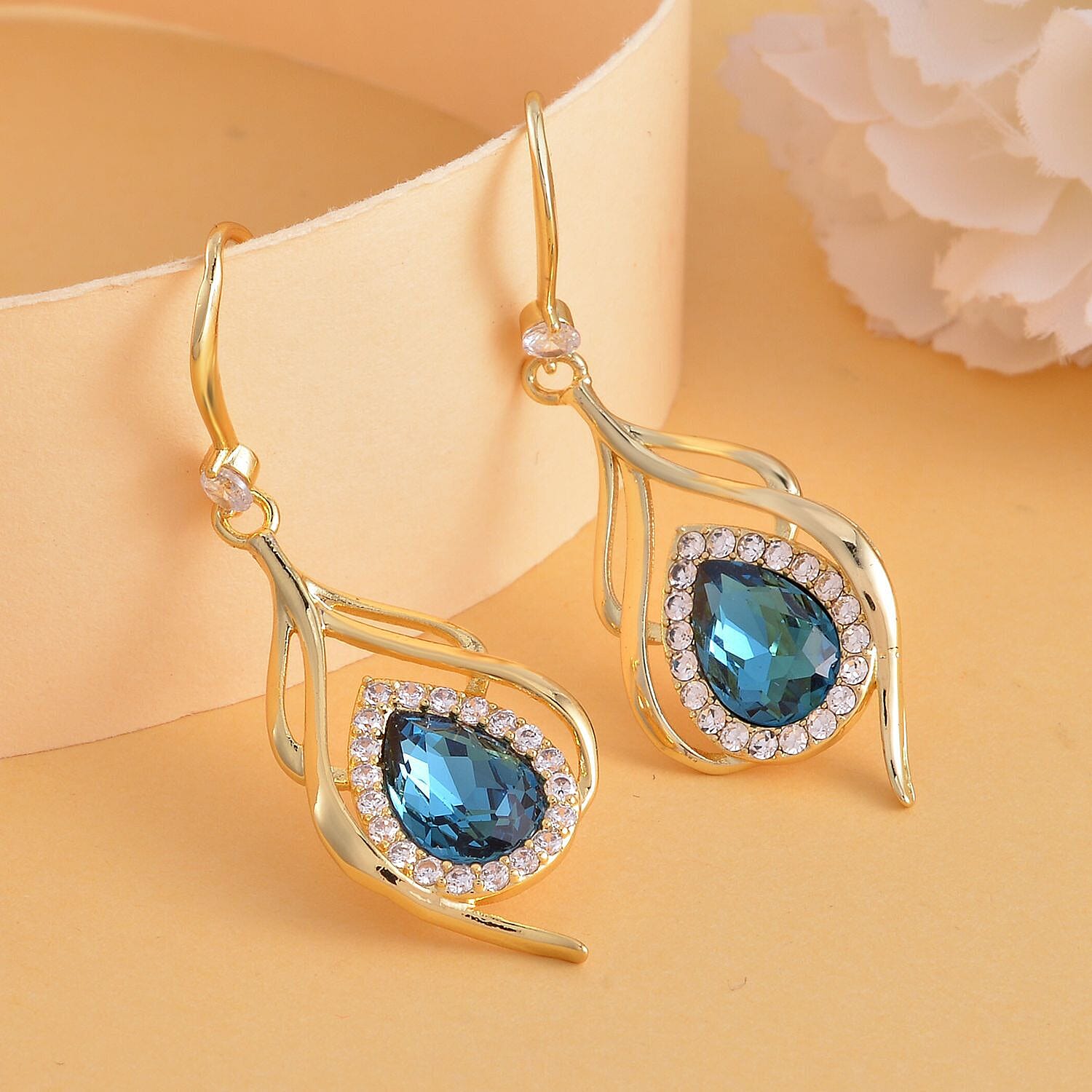 Blue Austrian Crystal and Simulated Diamond Dangle Earrings (with Fish Hook) in Yellow Gold Tone