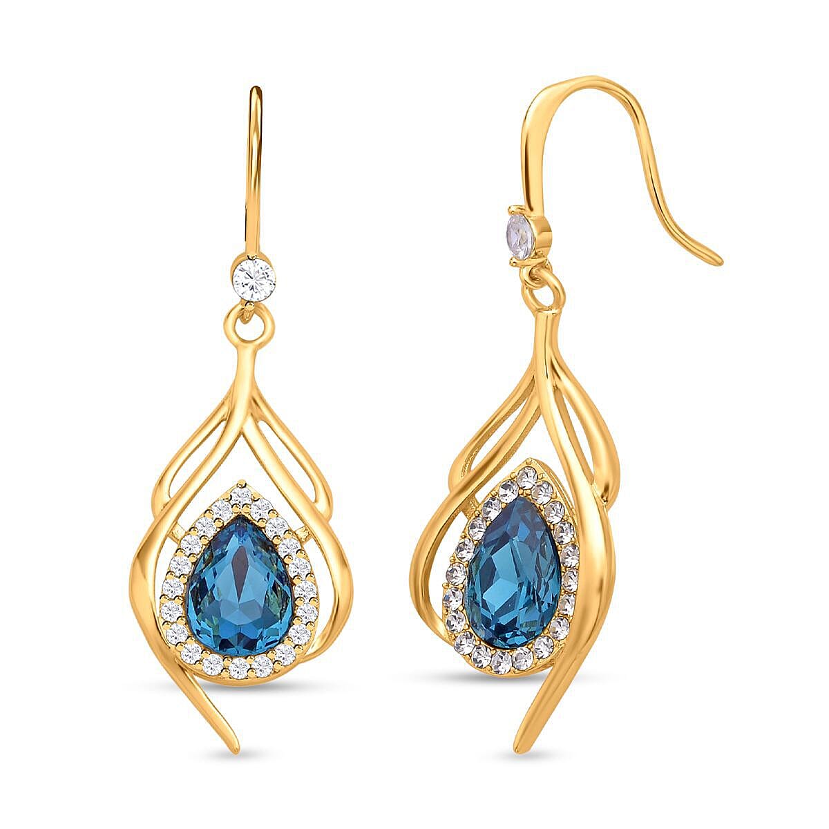 Blue Austrian Crystal and Simulated Diamond Dangle Earrings (with Fish Hook) in Yellow Gold Tone